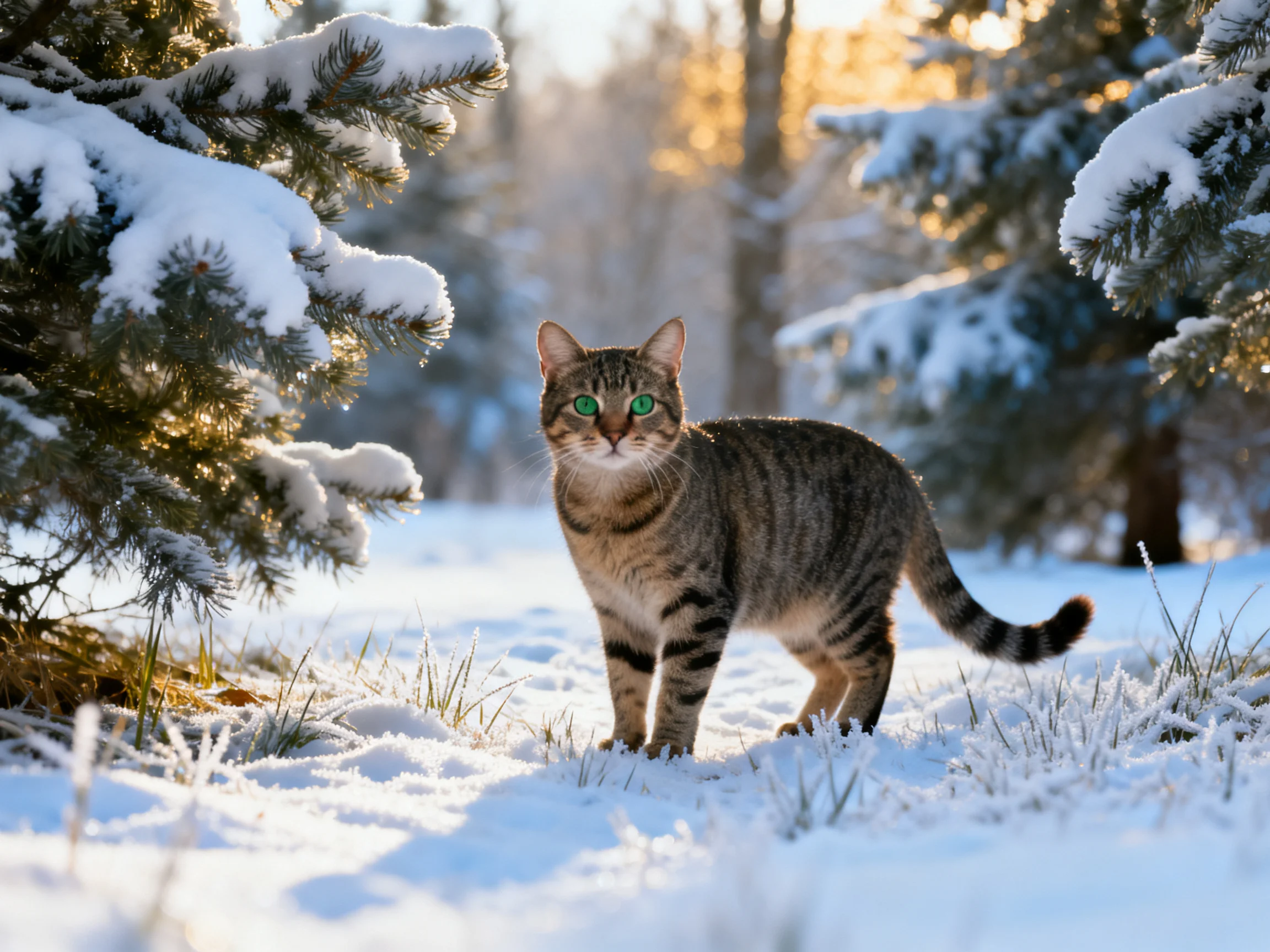 A tabby cat stands in a snowy forest near snow-coveredaden evergreen trees.