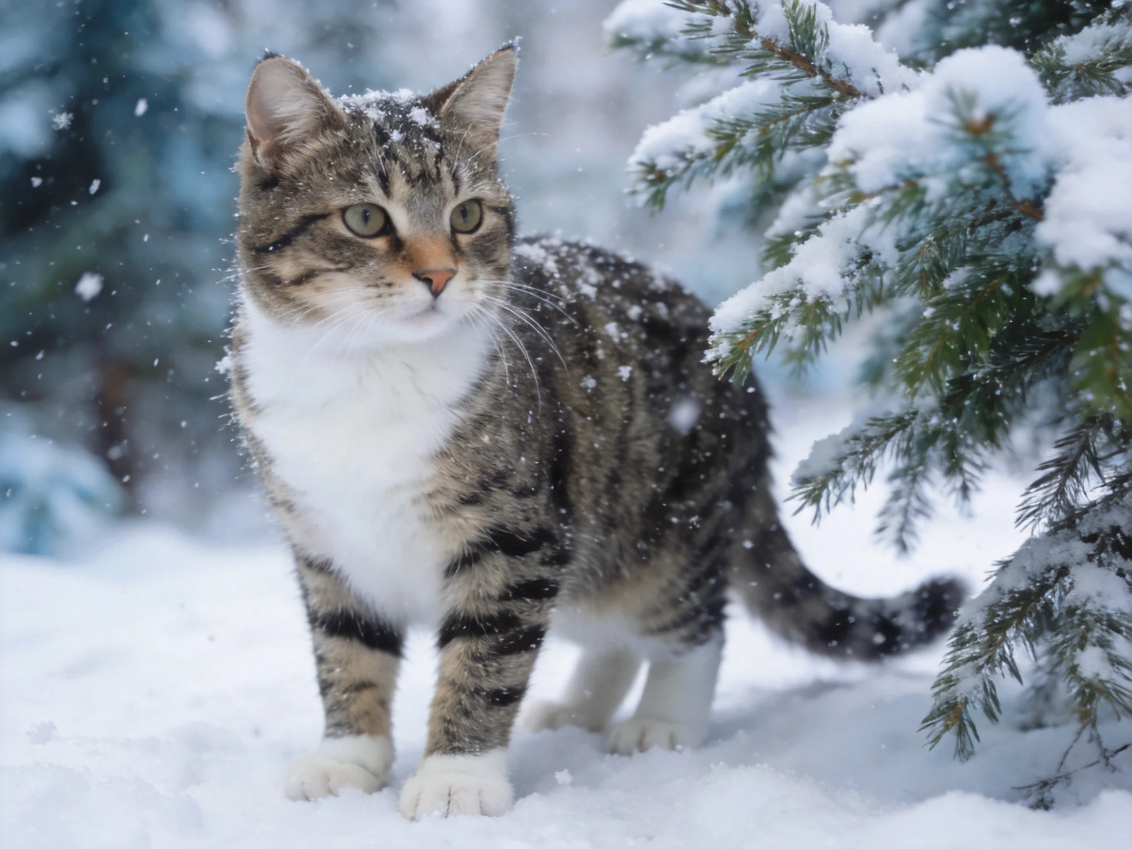 A tabby cat stands in a snowy landscape with snow-covered evergreen trees