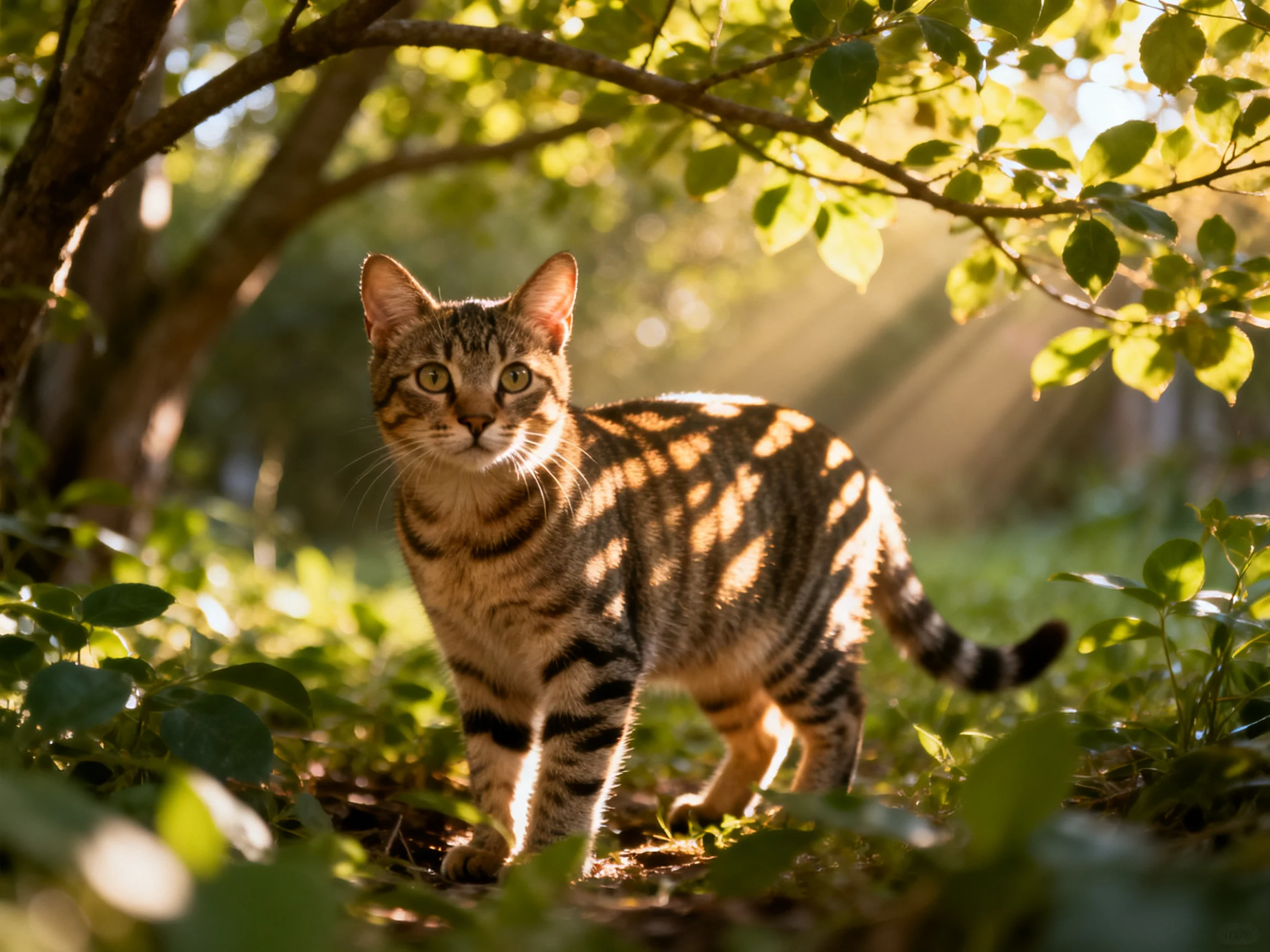 A tabby cat roams through a sunlit, leafy forest area.