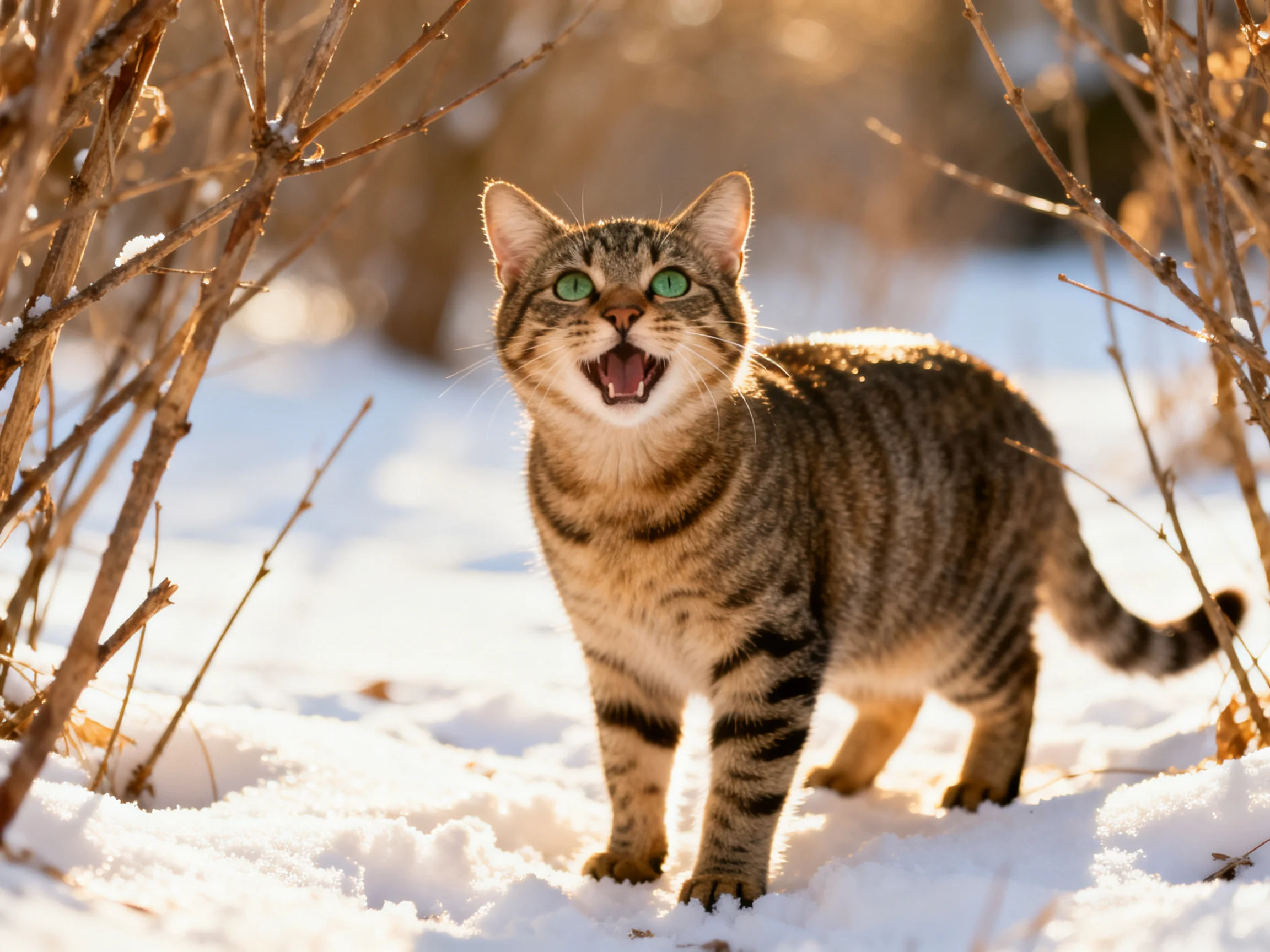 A tabby cat stands in snowy terrain among dry branches