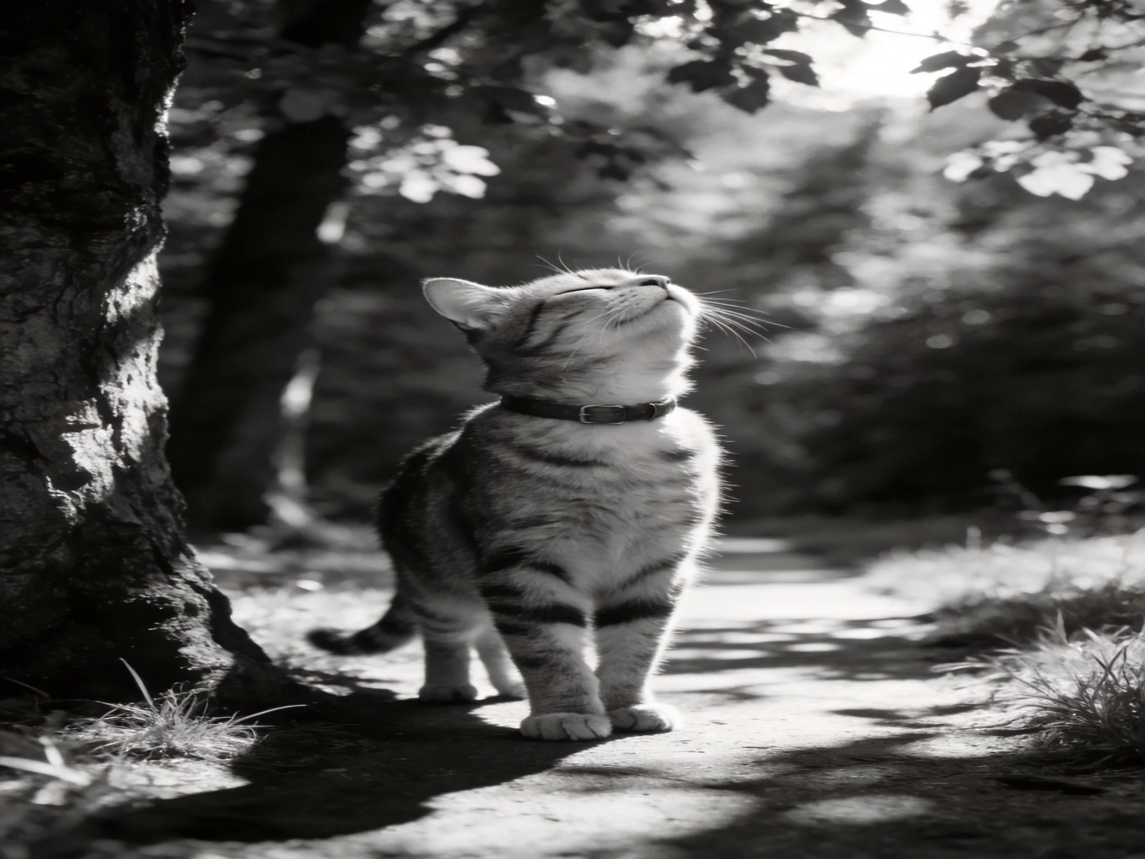 A tabby cat stands on a sunlit forest path near a tree