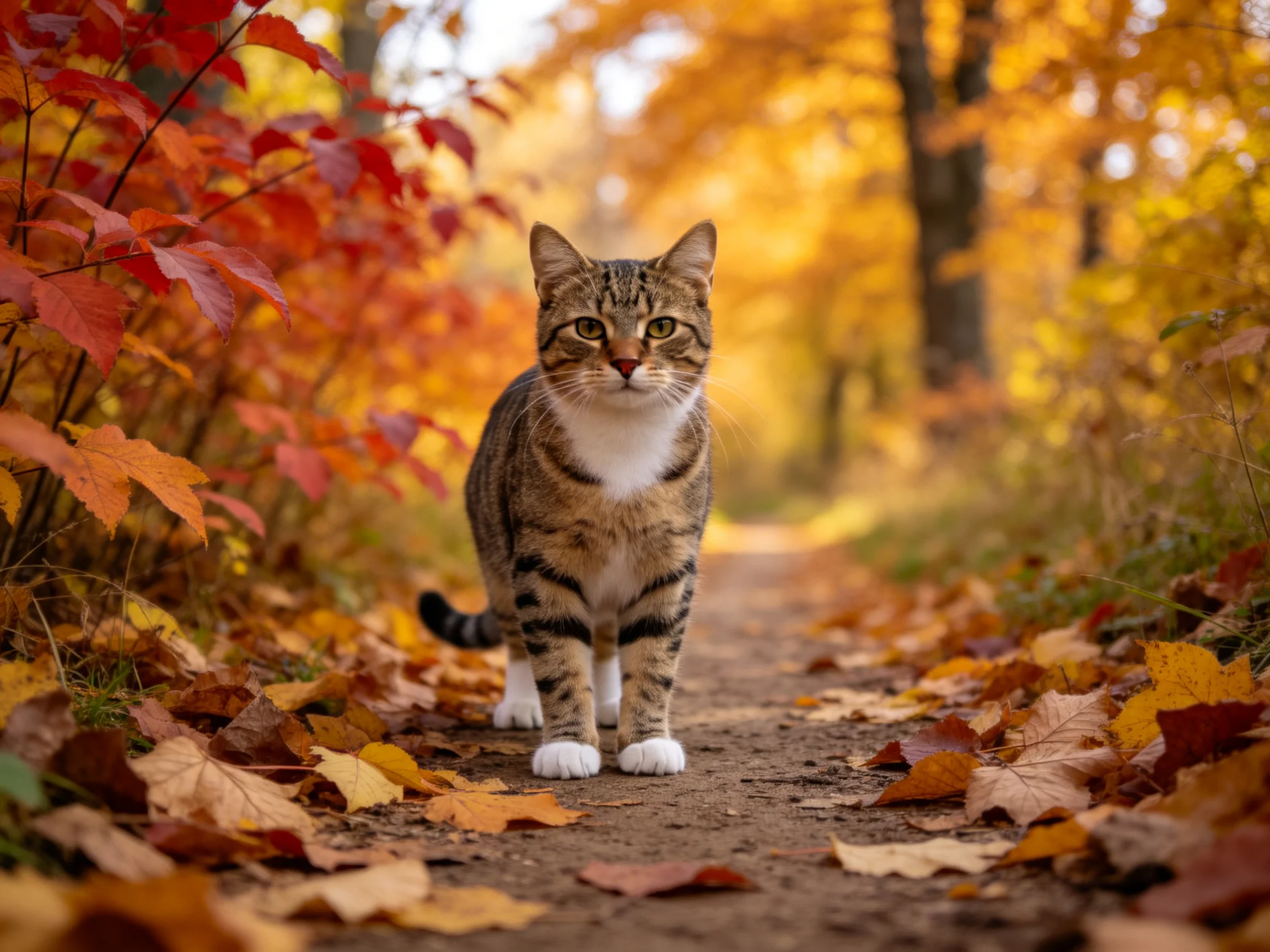 A tabby cat stands on a leaf-strewn forest path amid golden and crimson foliage