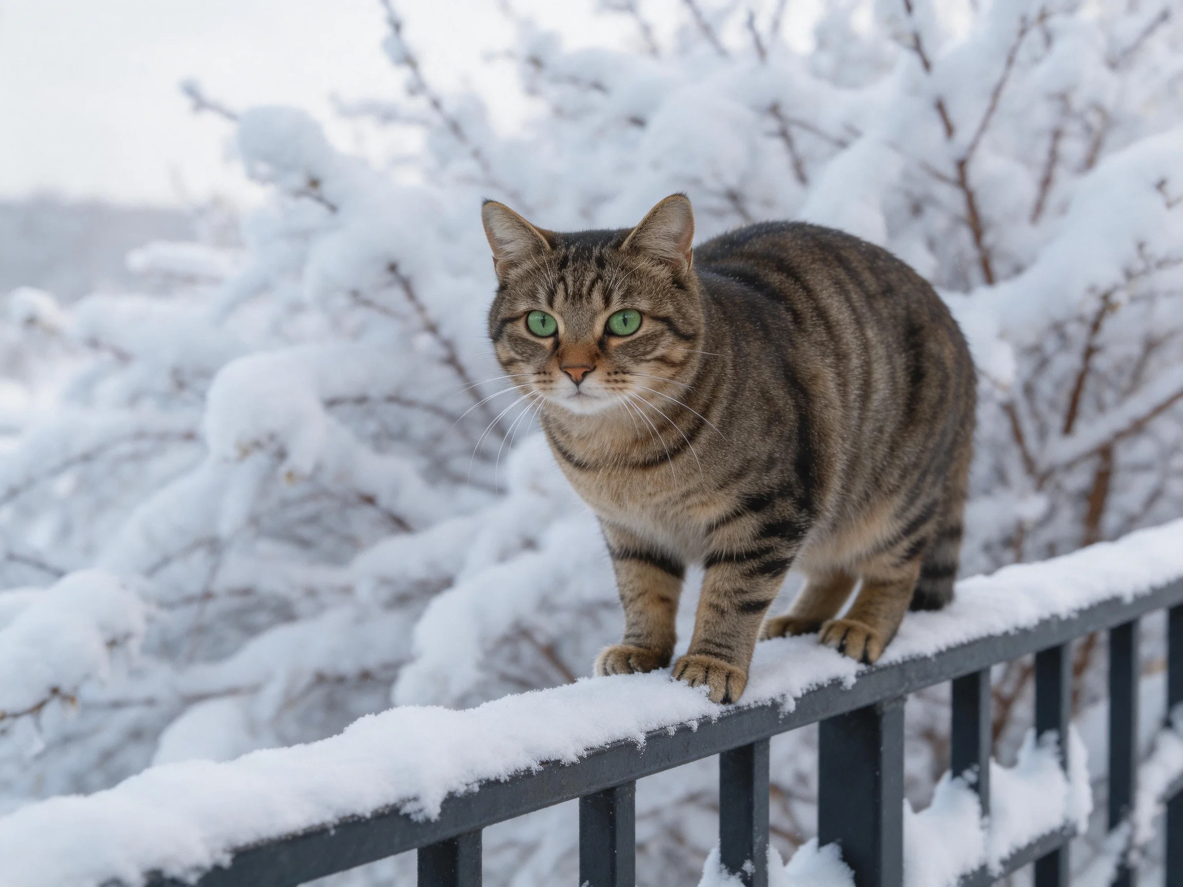 A tabby cat sits on a snow-laden railing with frosty trees in the background