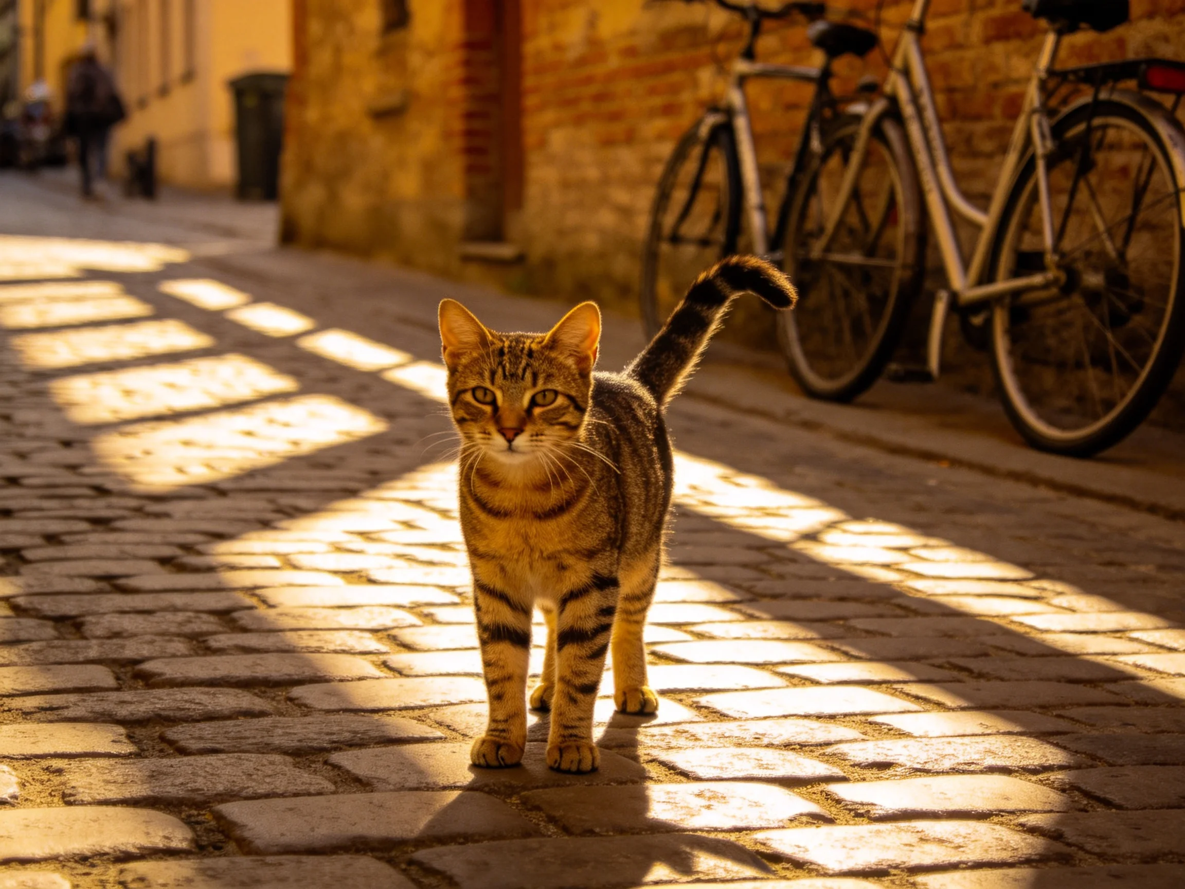 A tabby cat stands on a sunlit cobblestone street near parked bicycles
