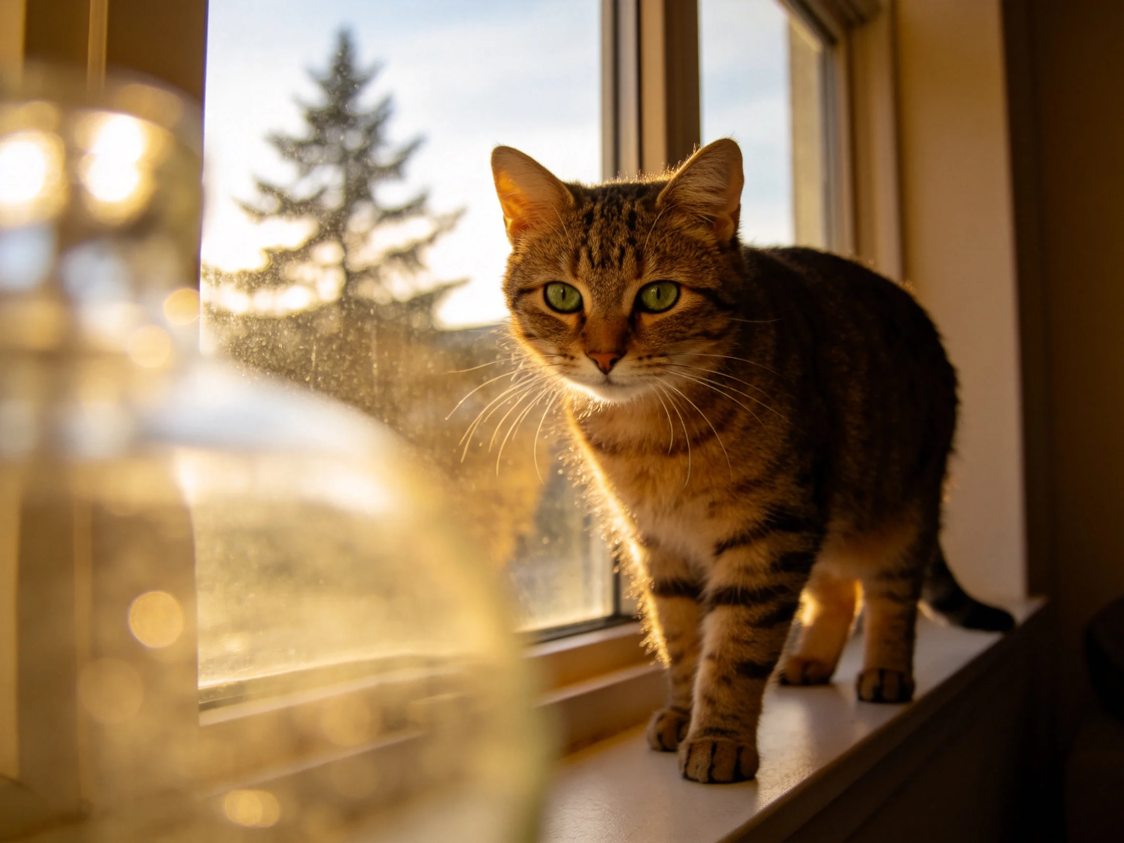 A tabby cat stands on a sunlit windowsill beside a glass object