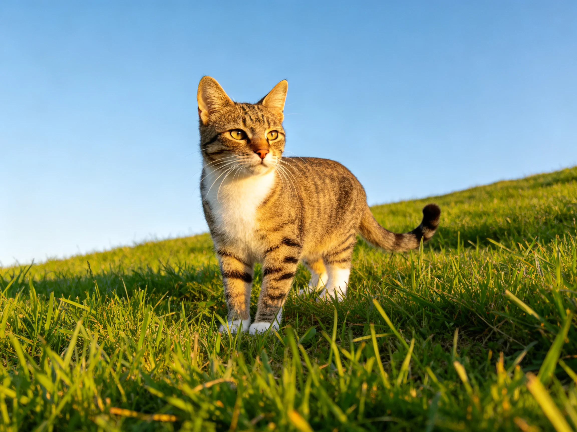 A tabby cat walks through lush green grass in a sunlit outdoor setting.