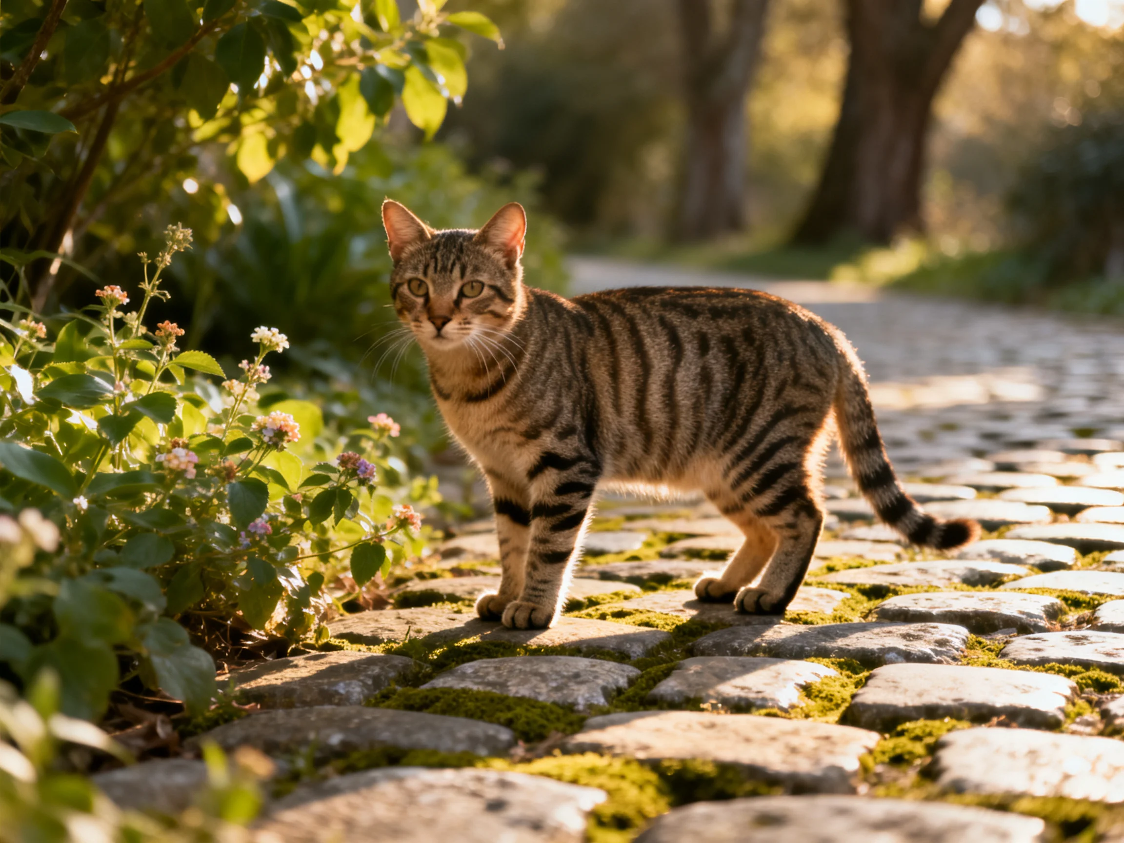 A tabby cat stands on mossy cobblestones near flowering plants