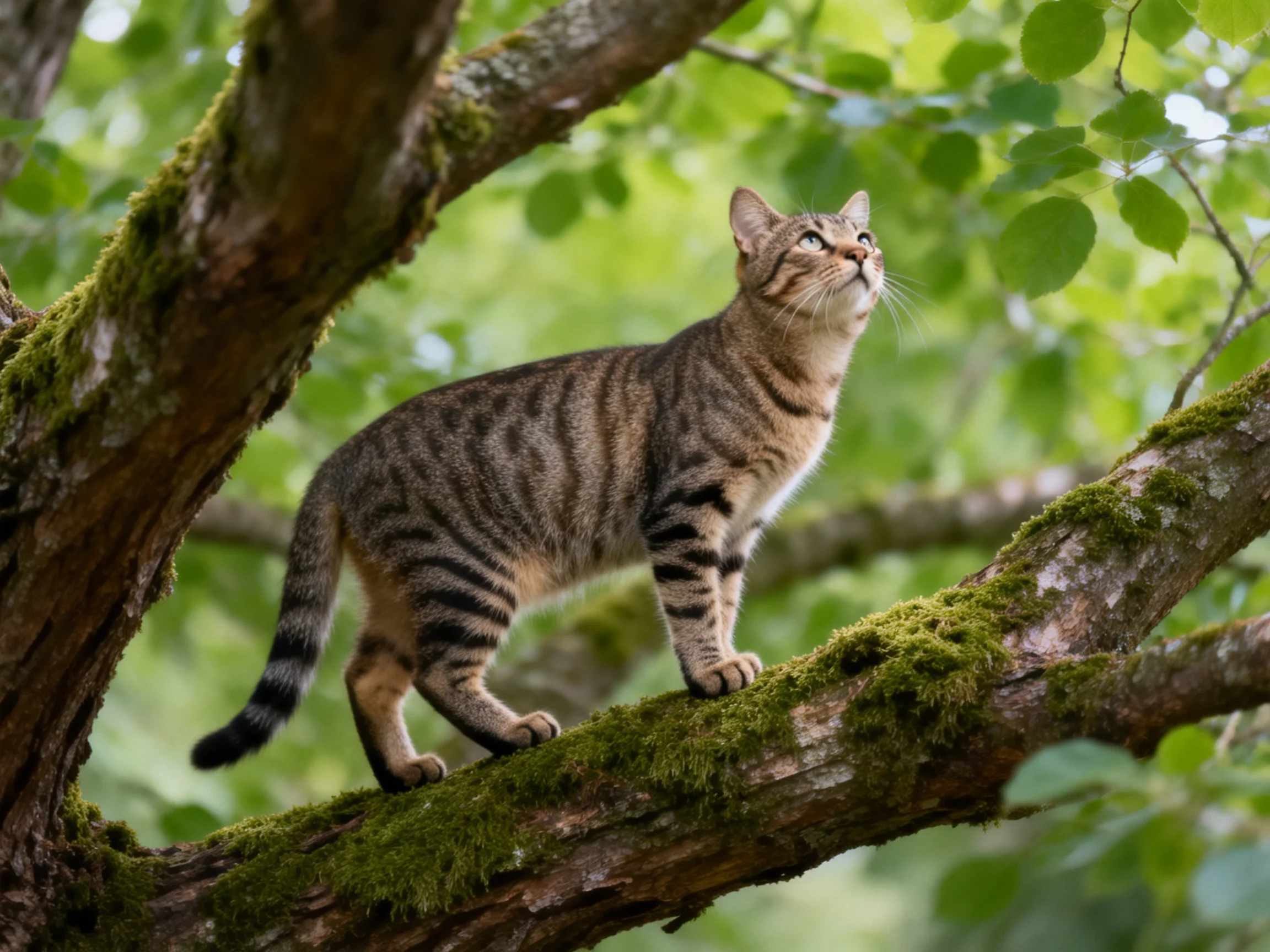 A tabby cat stands alert on mossy tree branches in a sunlit area.