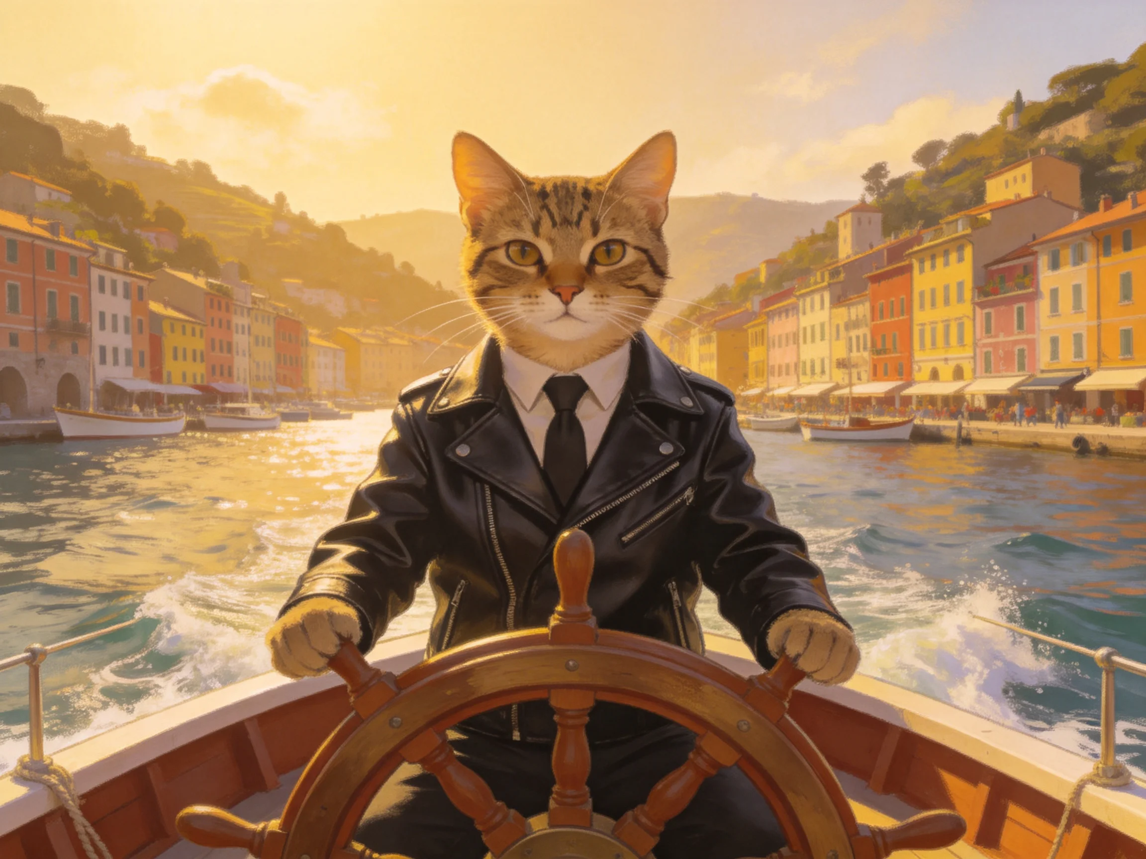 A tabby cat steers a wooden boat through a vibrant coastal town