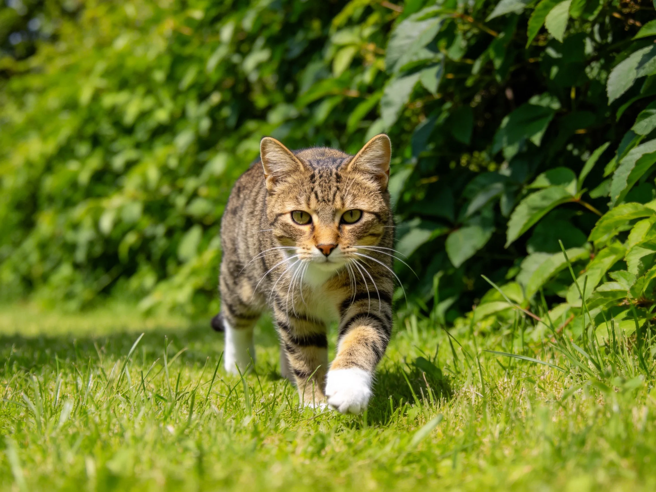 A tabby cat strides across vibrant green grass amid thick bushes