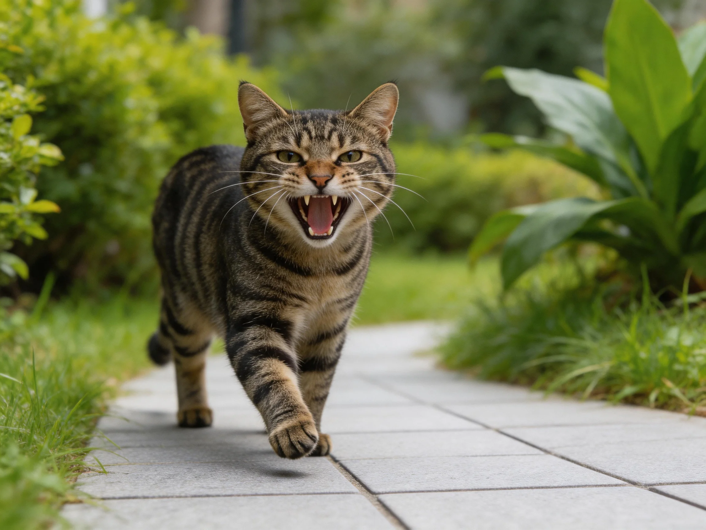 A tabby cat strides forward with an open mouth amid lush greenery