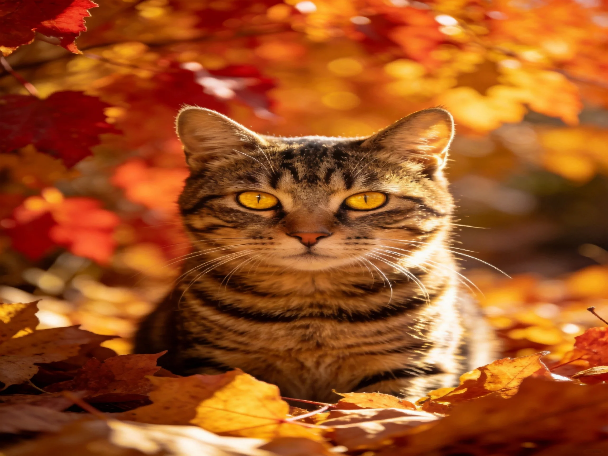 A tabby cat sits among autumn leaves in a sunlit outdoor setting.