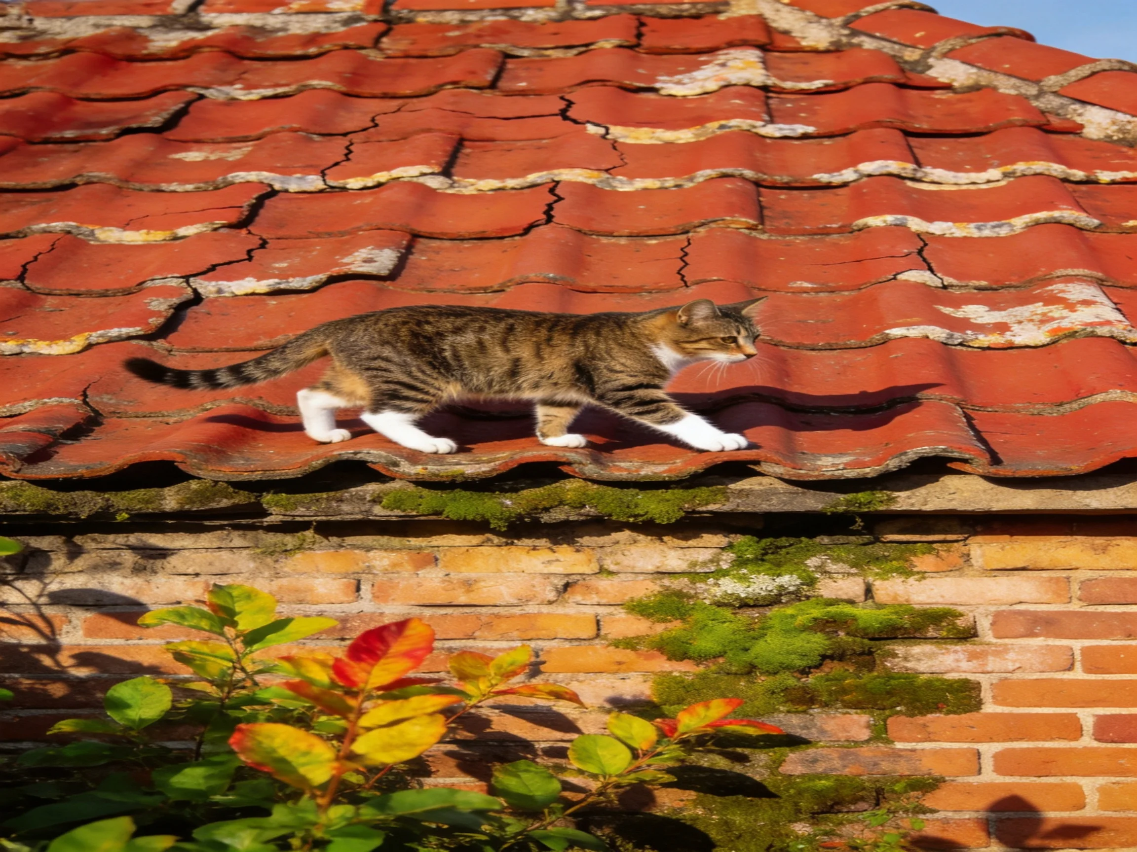 A tabby cat traverses a weathered red tile roof above a mossy brick wall