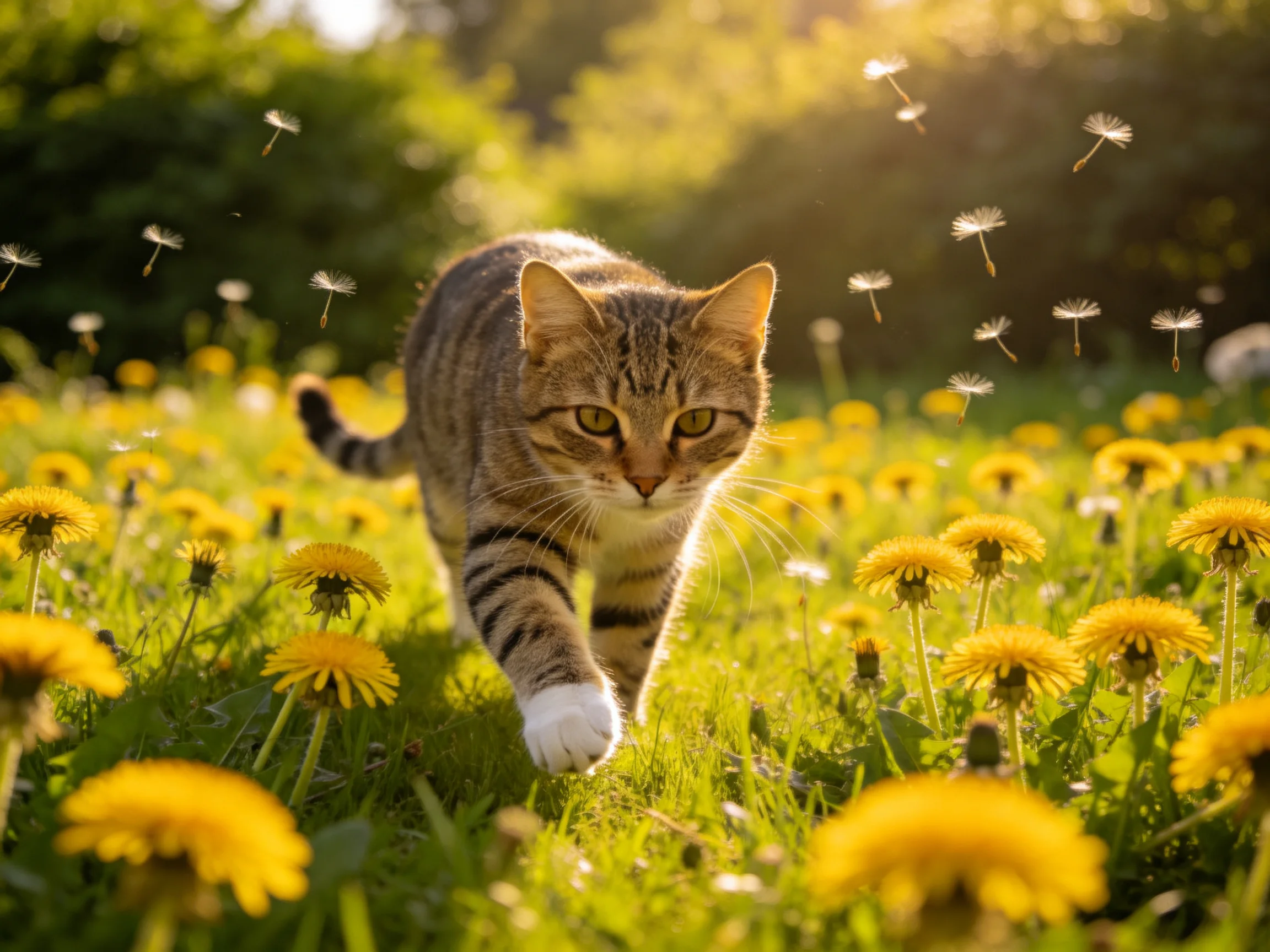 A tabby cat walking through a field of yellow dandelions under warm sunlight