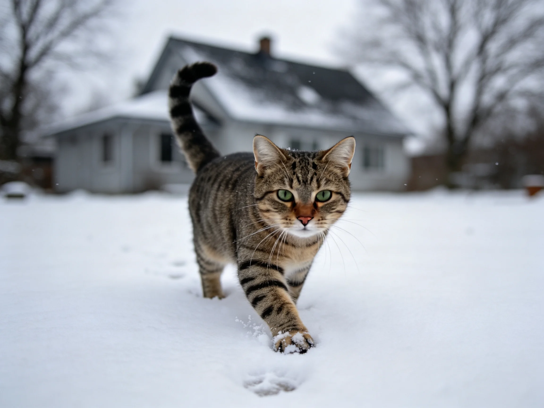 A tabby cat walks through snow near a gray house.