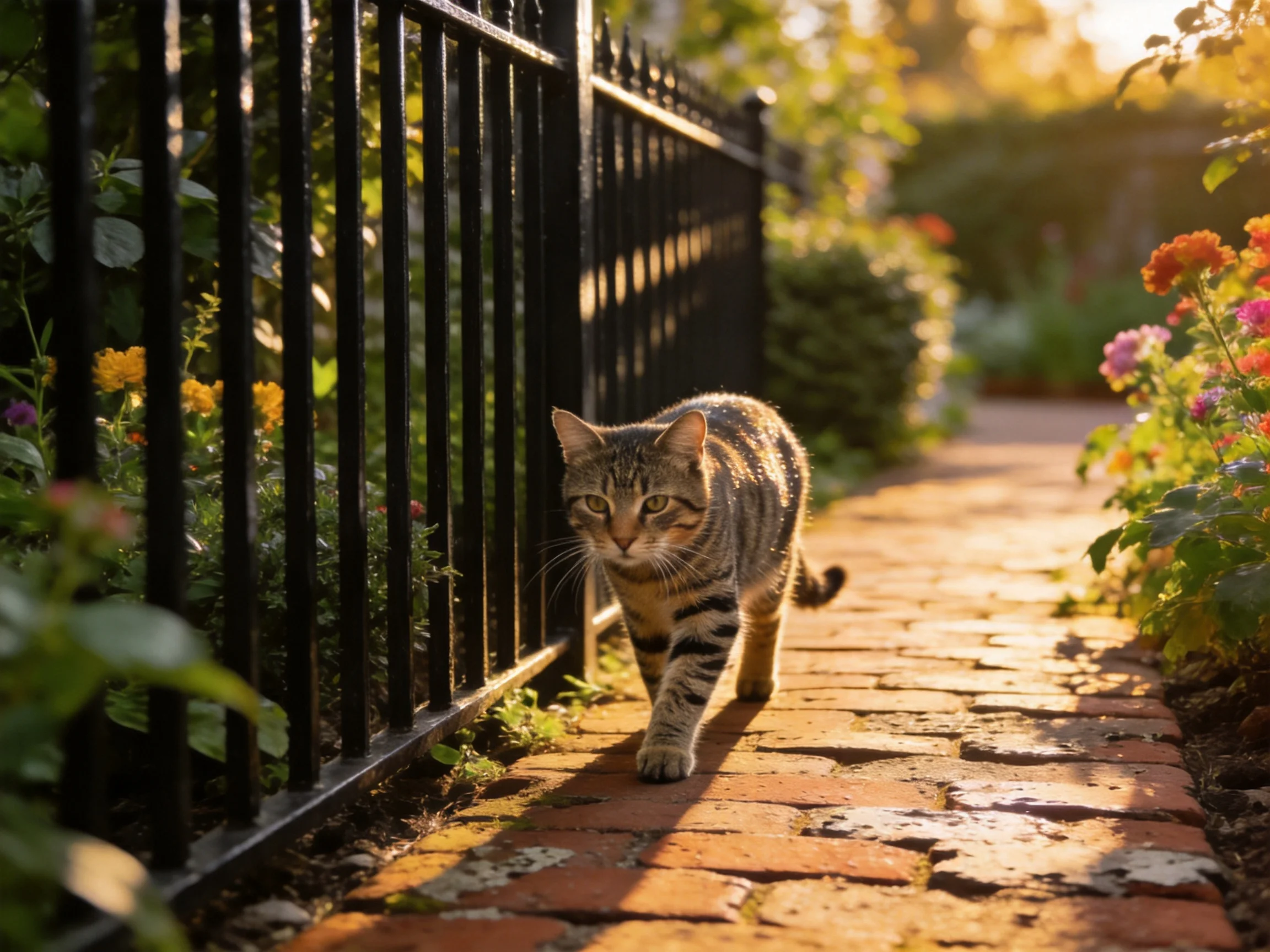 A tabby cat walks along a brick path next to a black fence with flowers.