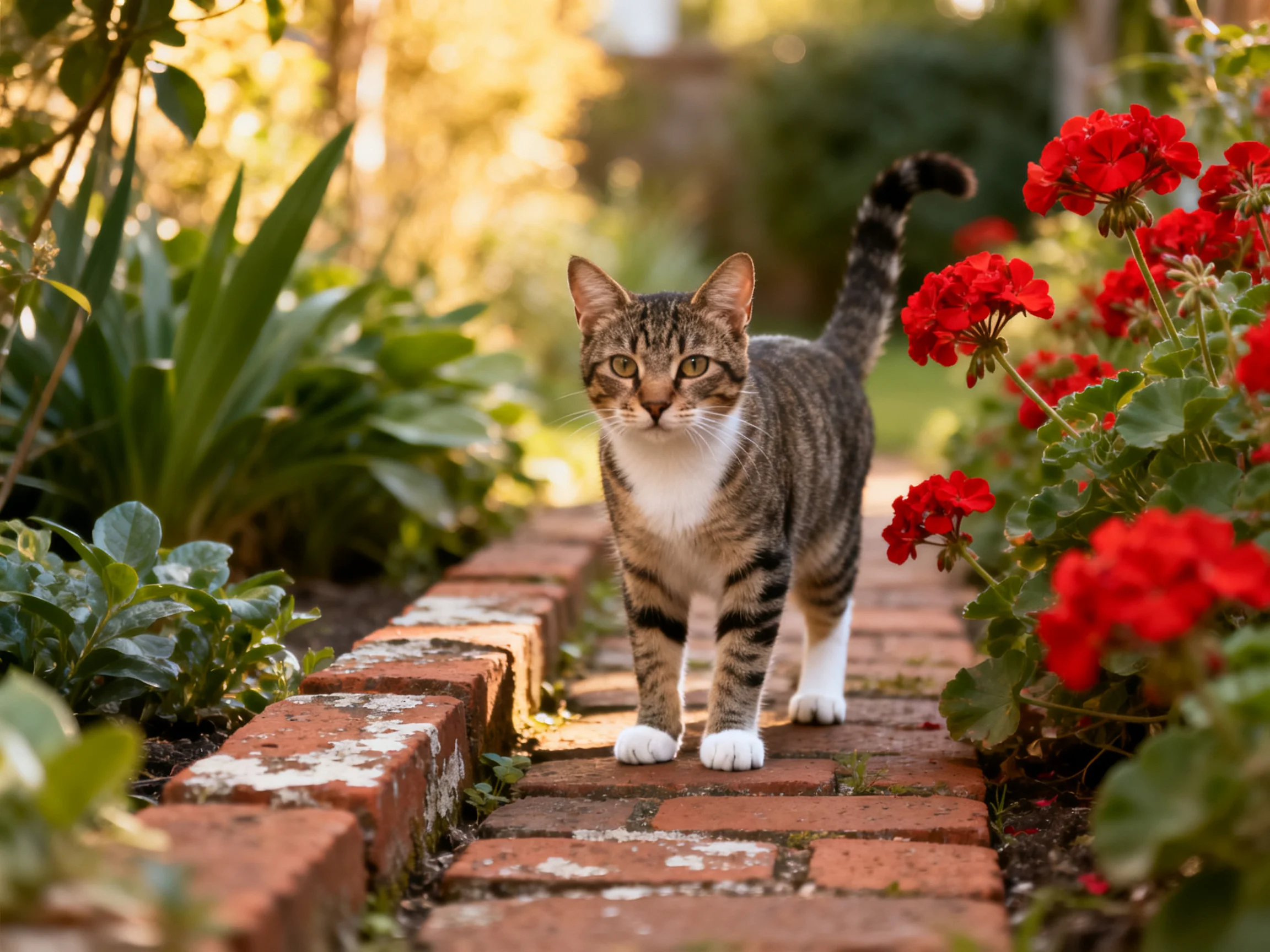 A tabby cat walks on a brick path near bright red flowers in a garden.
