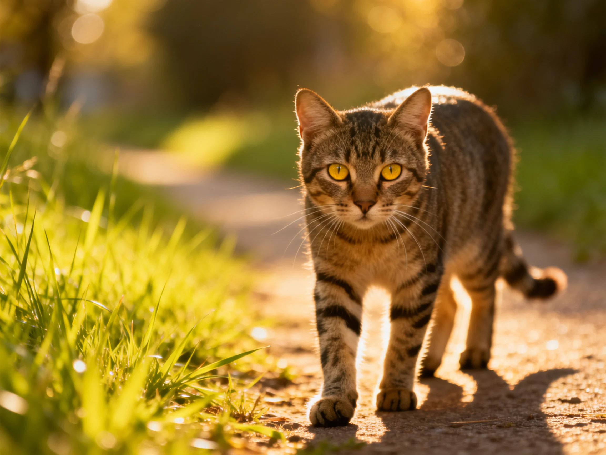 A tabby cat walks on a sunlit dirt path beside green grass.