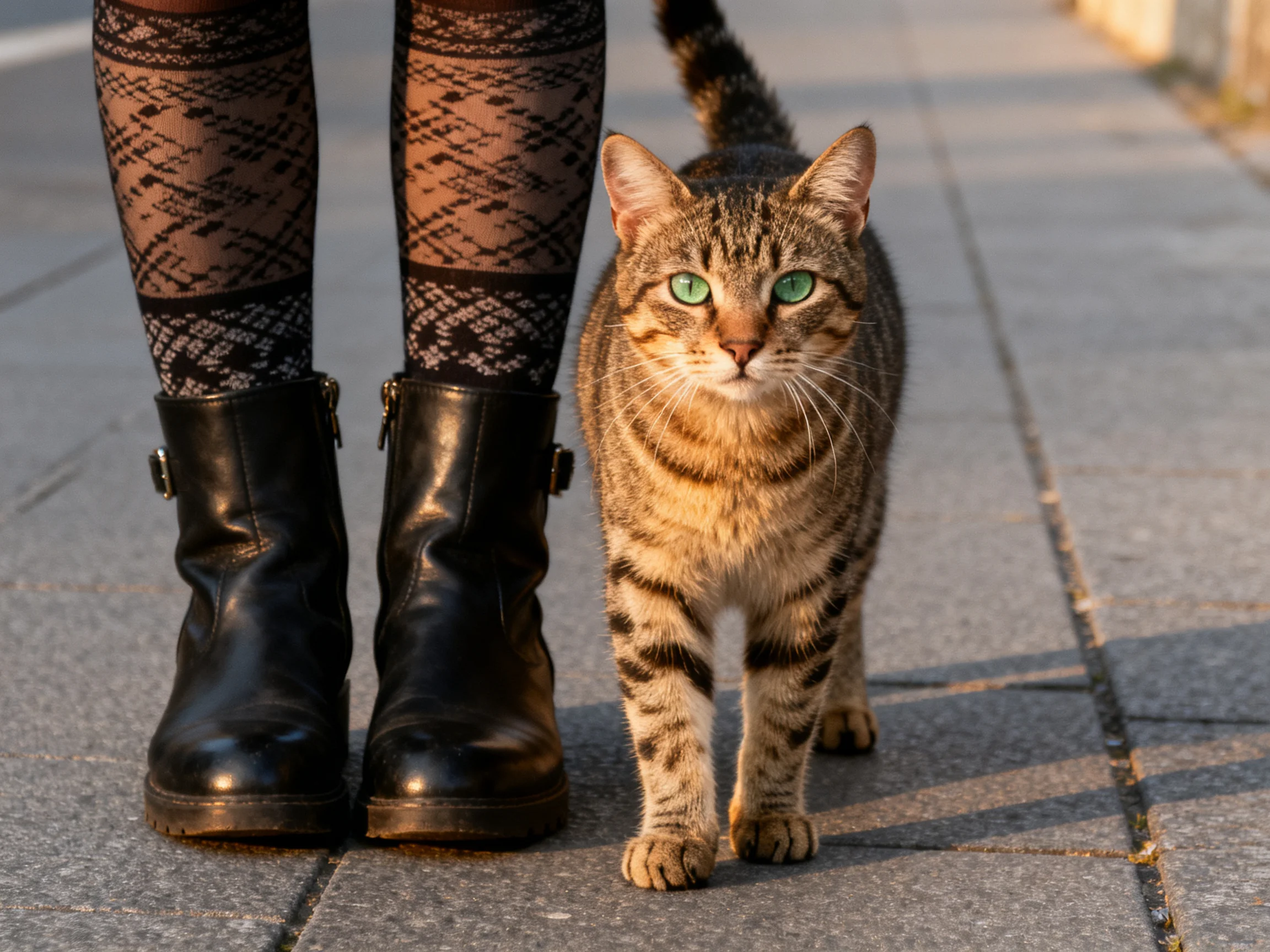 A tabby cat stands near a person’s legs in black boots and patterned tights.