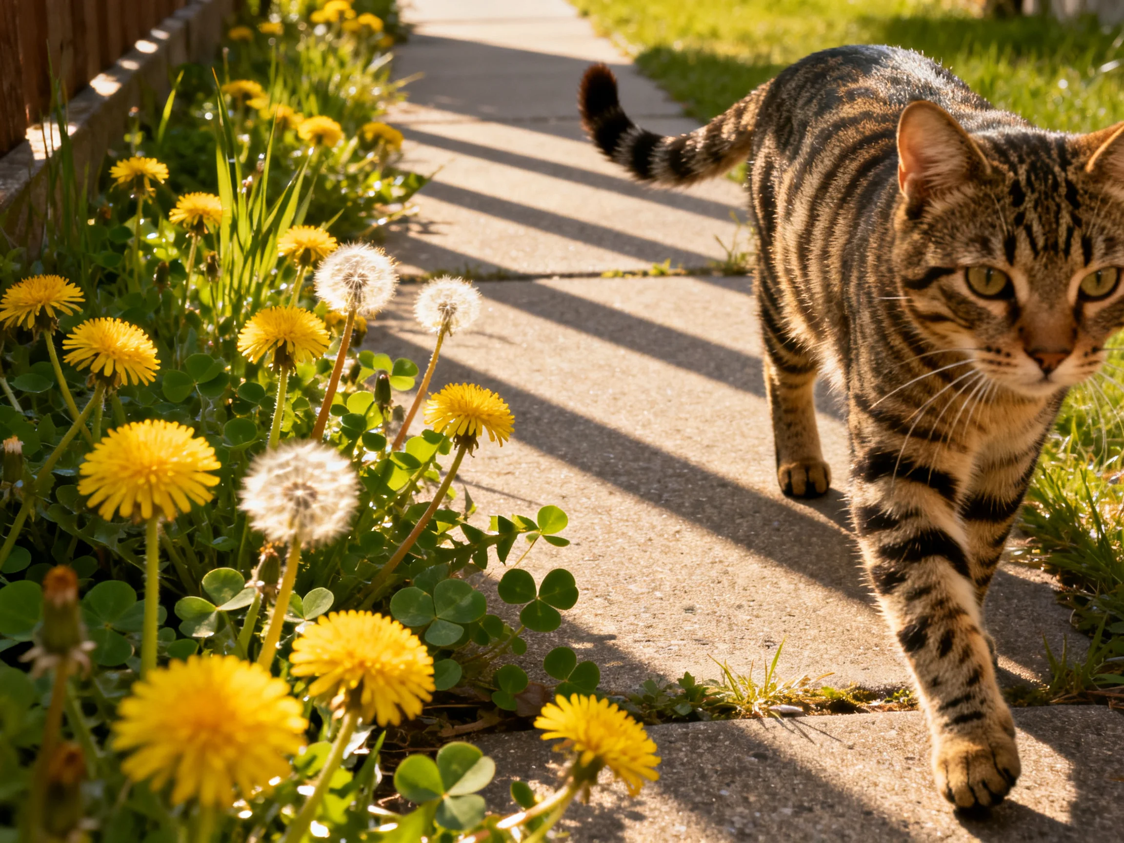 A tabby cat moves along a sidewalk bordered by bright dandelions in a sunny setting.