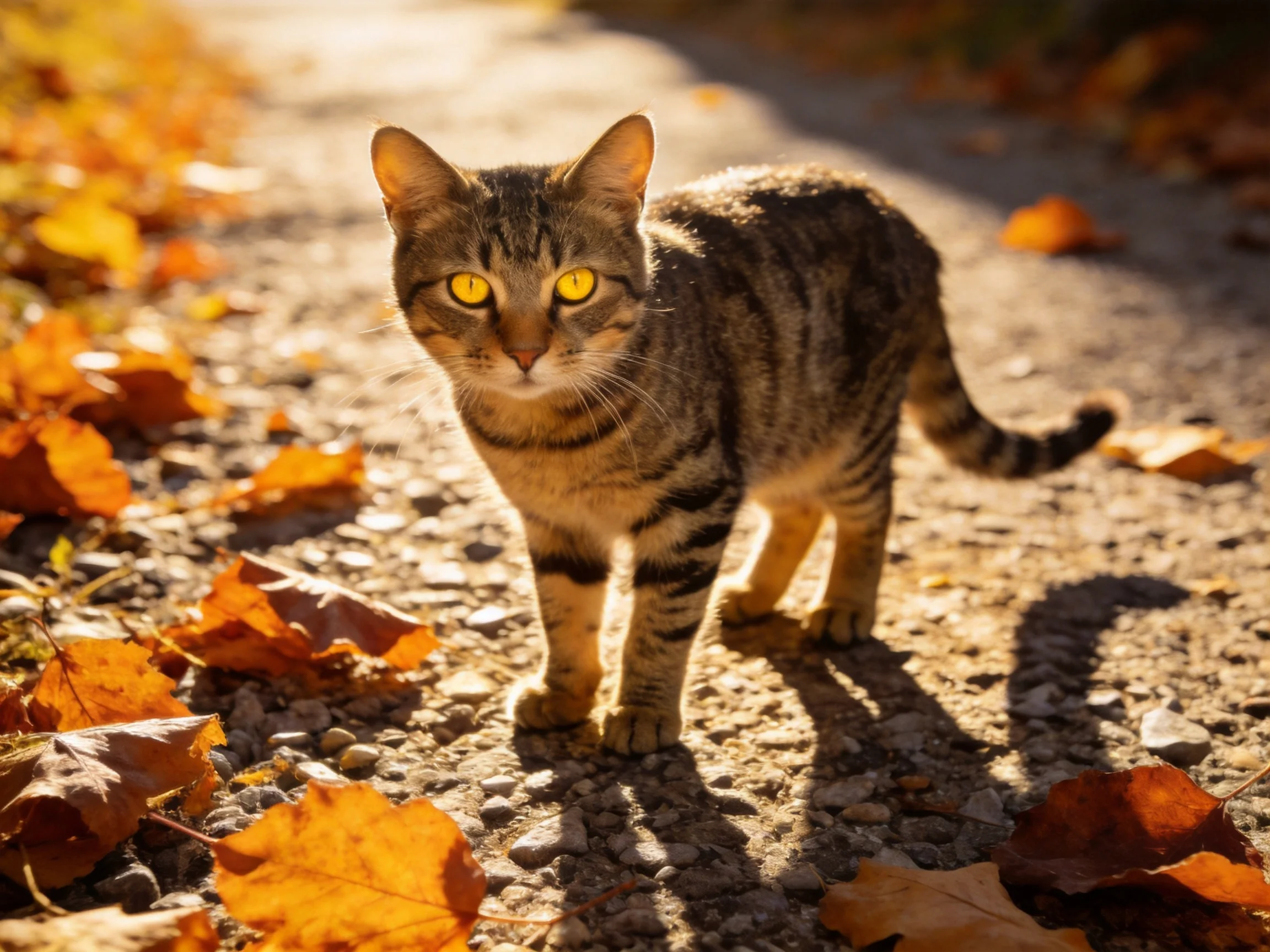 A tabby cat stands among autumn leaves on a sunlit gravel path.