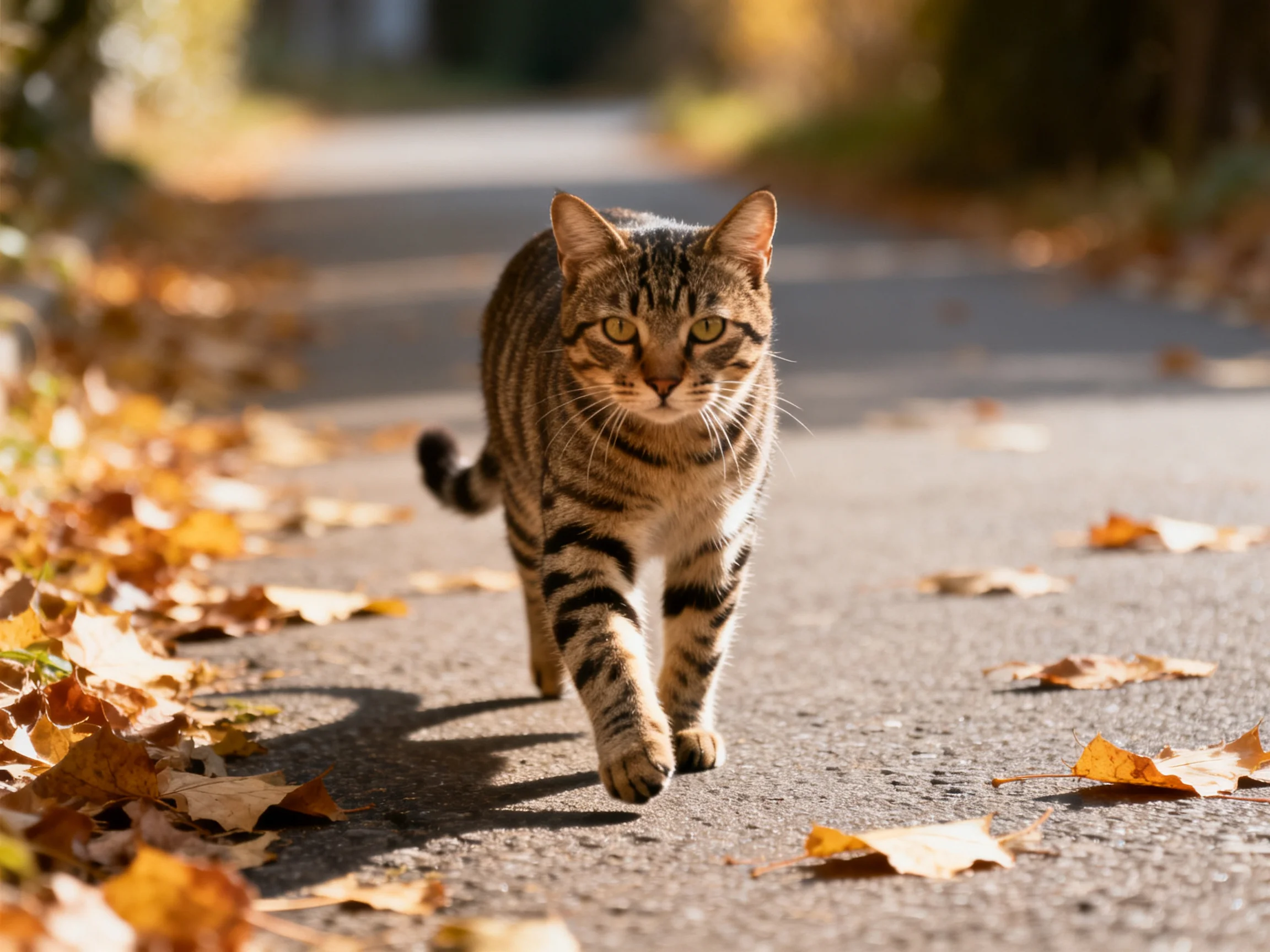 A tabby cat walks on a leaf-covered autumn pathway.