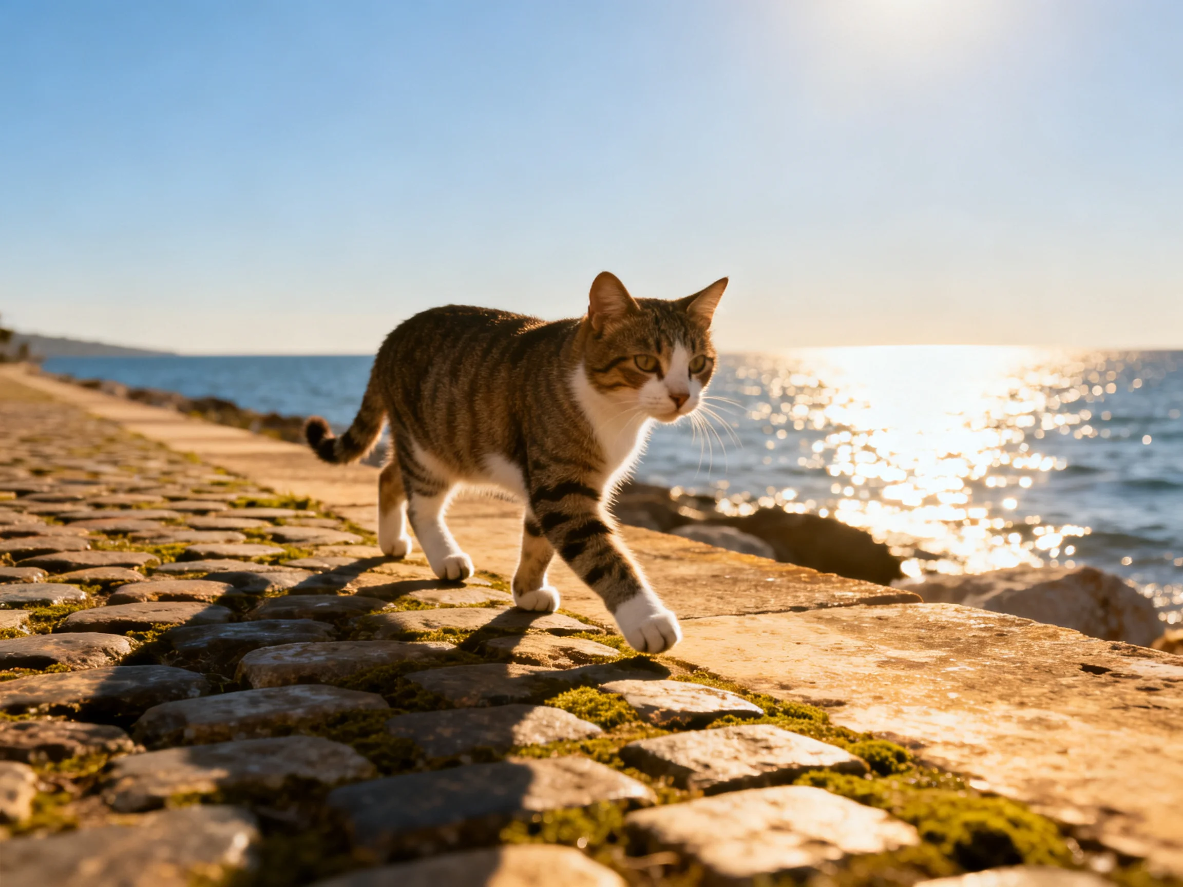 A tabby cat walks on a mossy cobblestone path by the shining sea