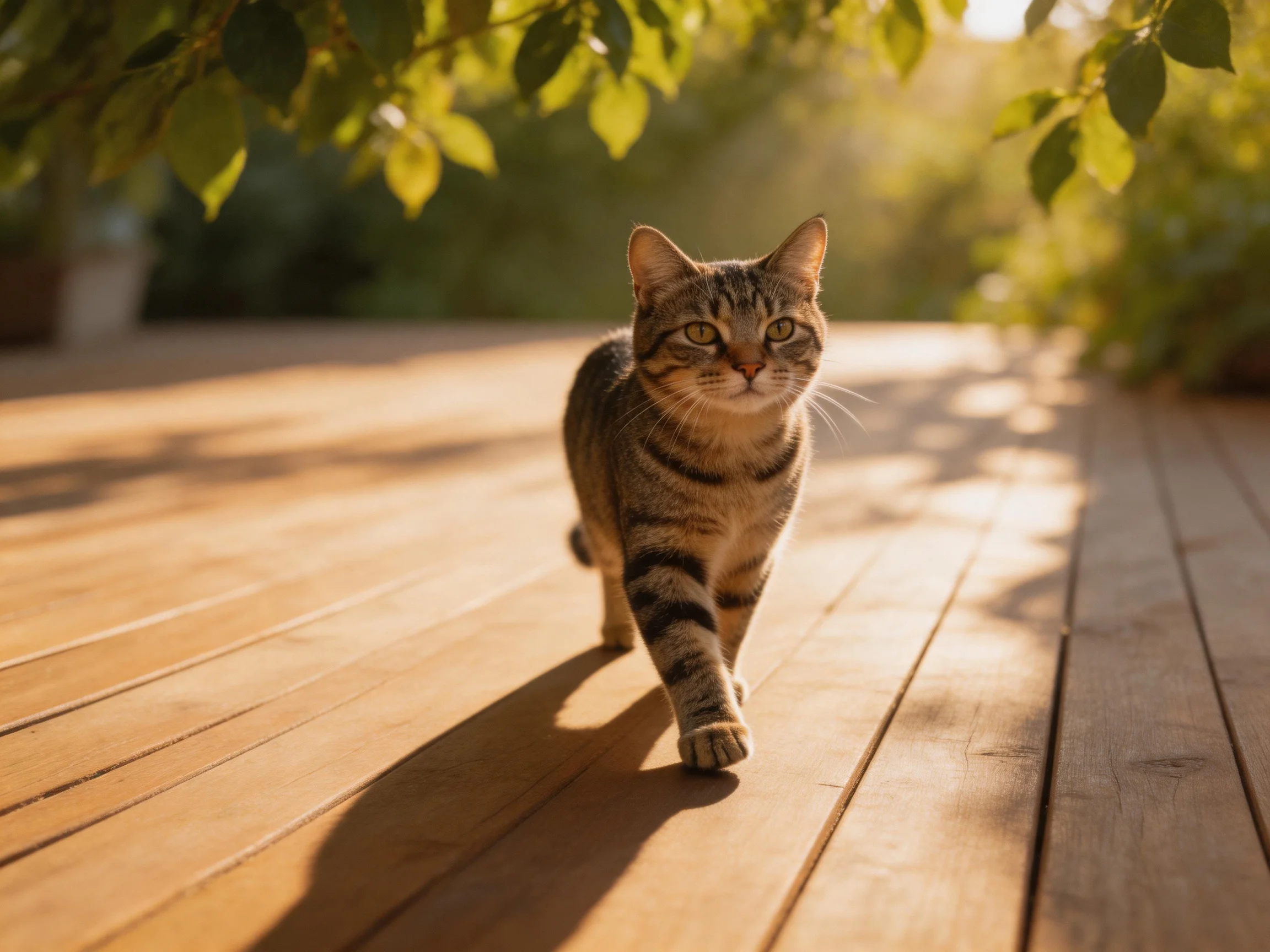 A tabby cat walks on a sun-drenched wooden deck amid leafy greenery