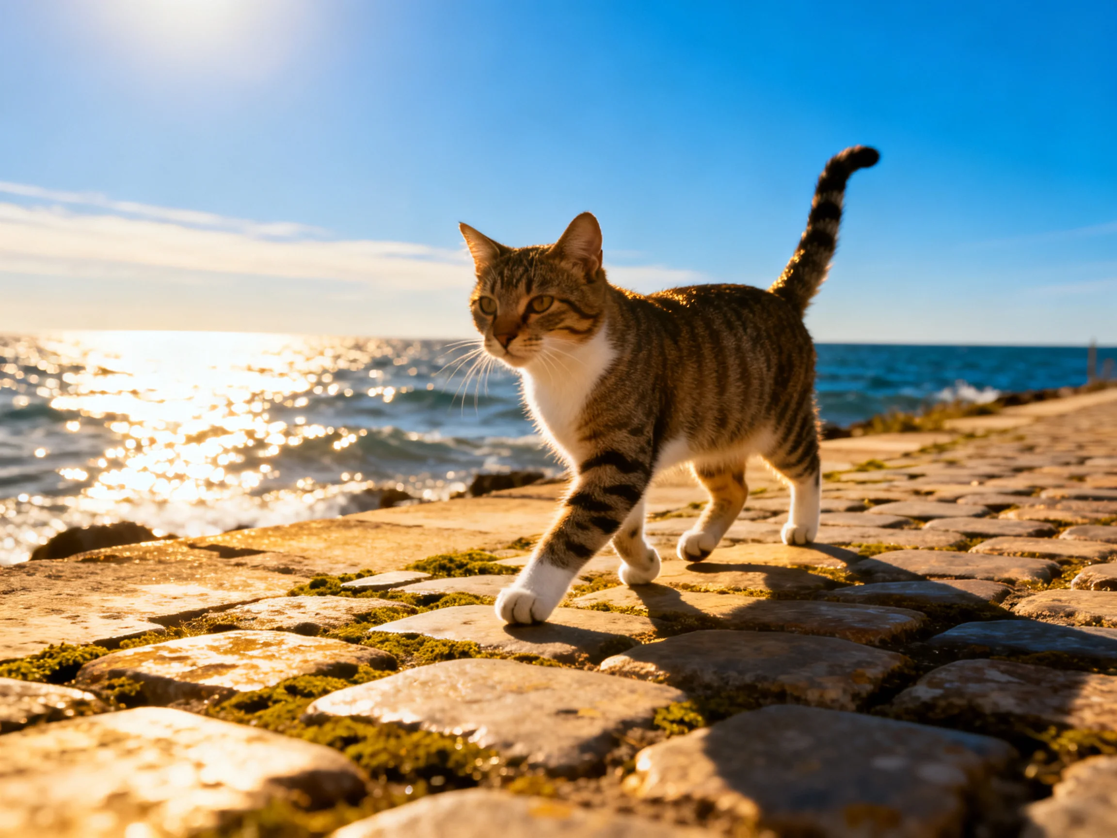A tabby cat walks on a sunlit cobblestone path by the ocean