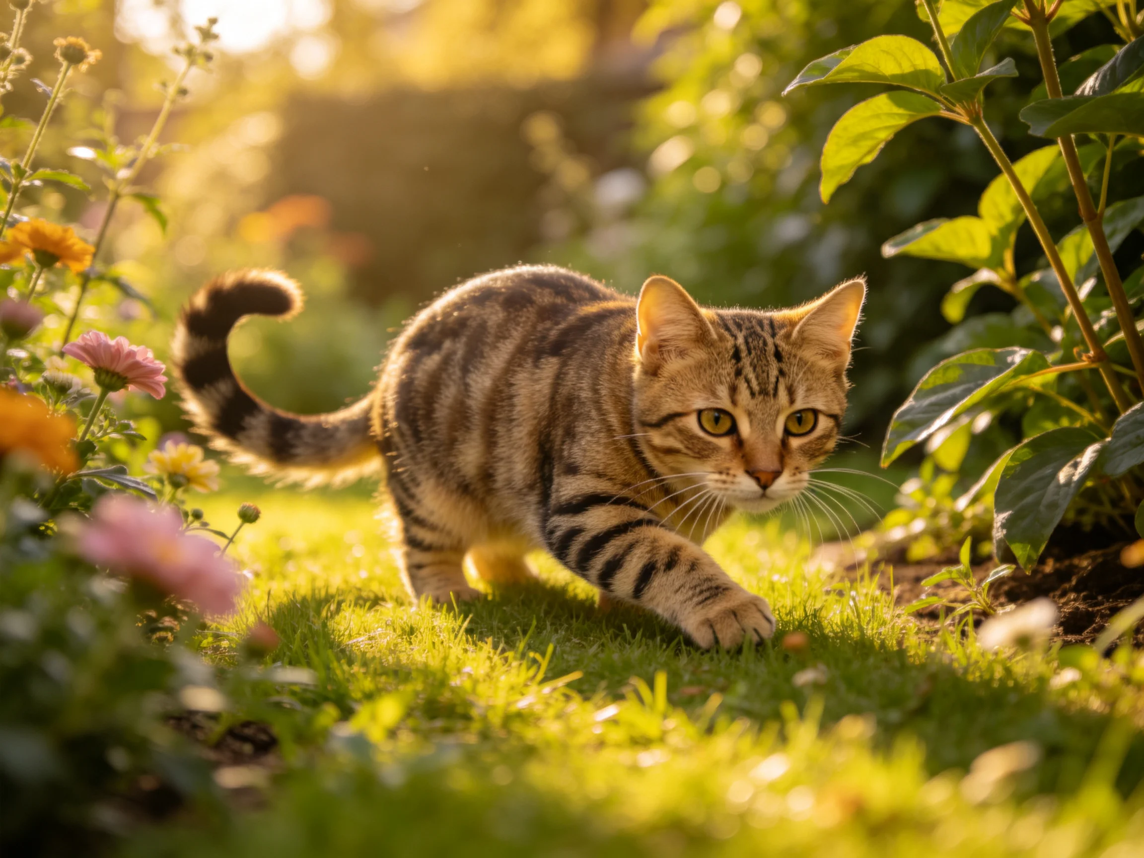 A tabby cat walks through a sunlit flower garden with greenery.