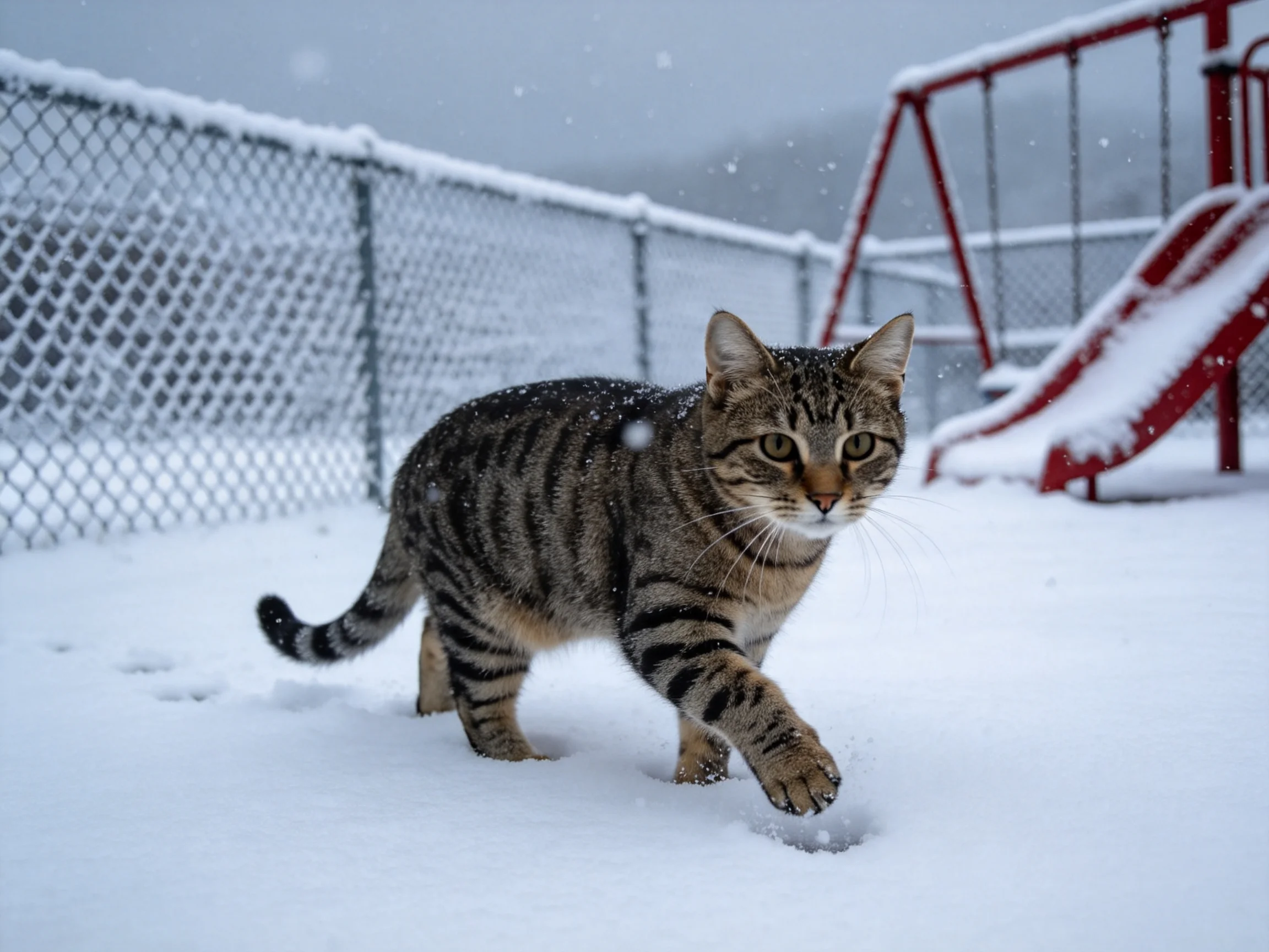 A tabby cat moves through snow in front of a snow - covered playground.
