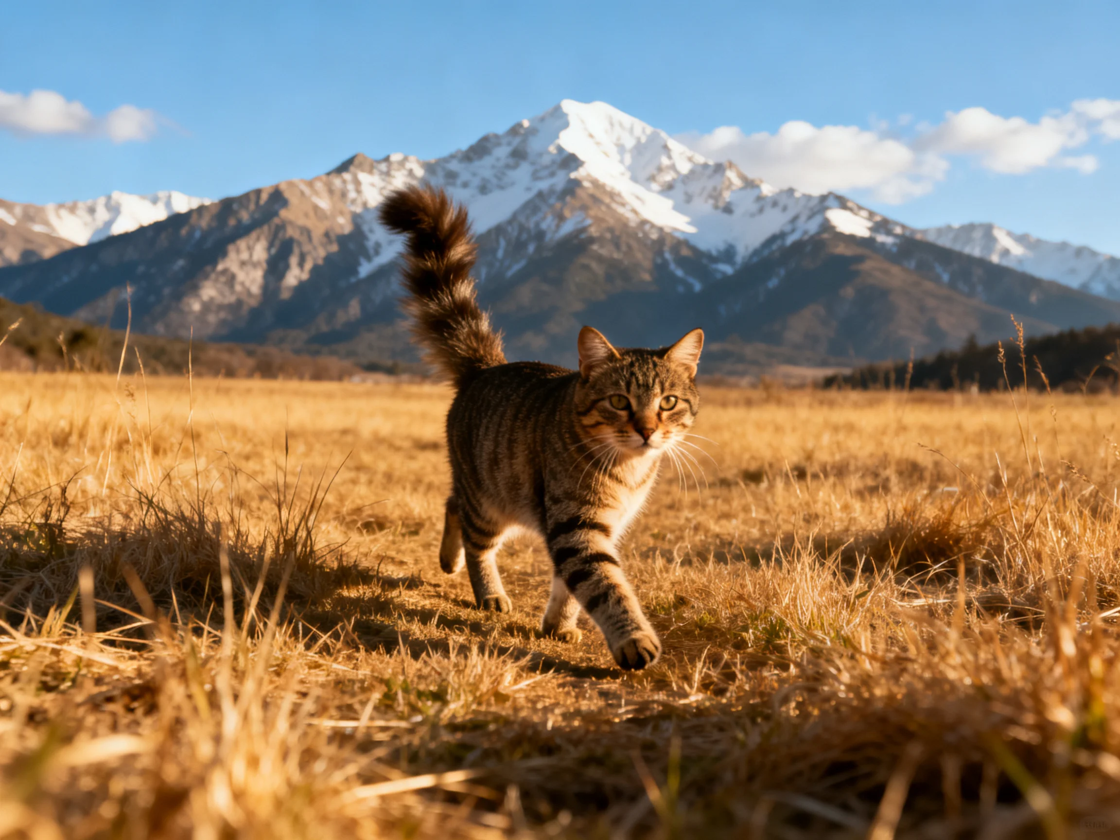 A tabby cat roams golden grass with snow-capped mountains in the distance.