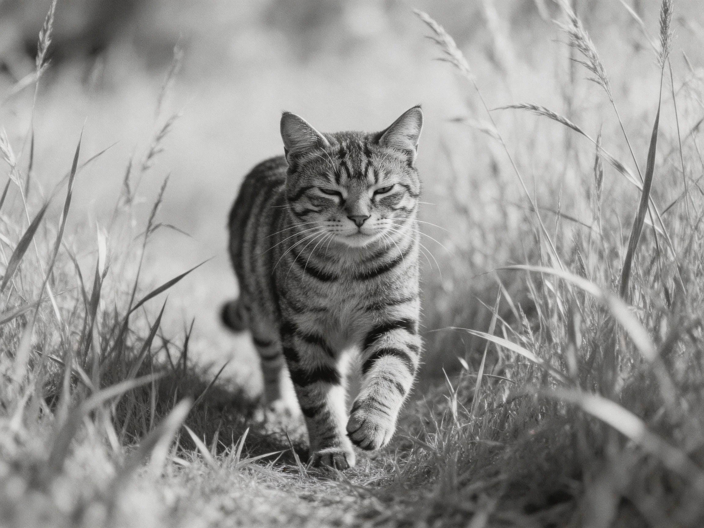 A tabby cat walks through tall grass in a monochrome scene.