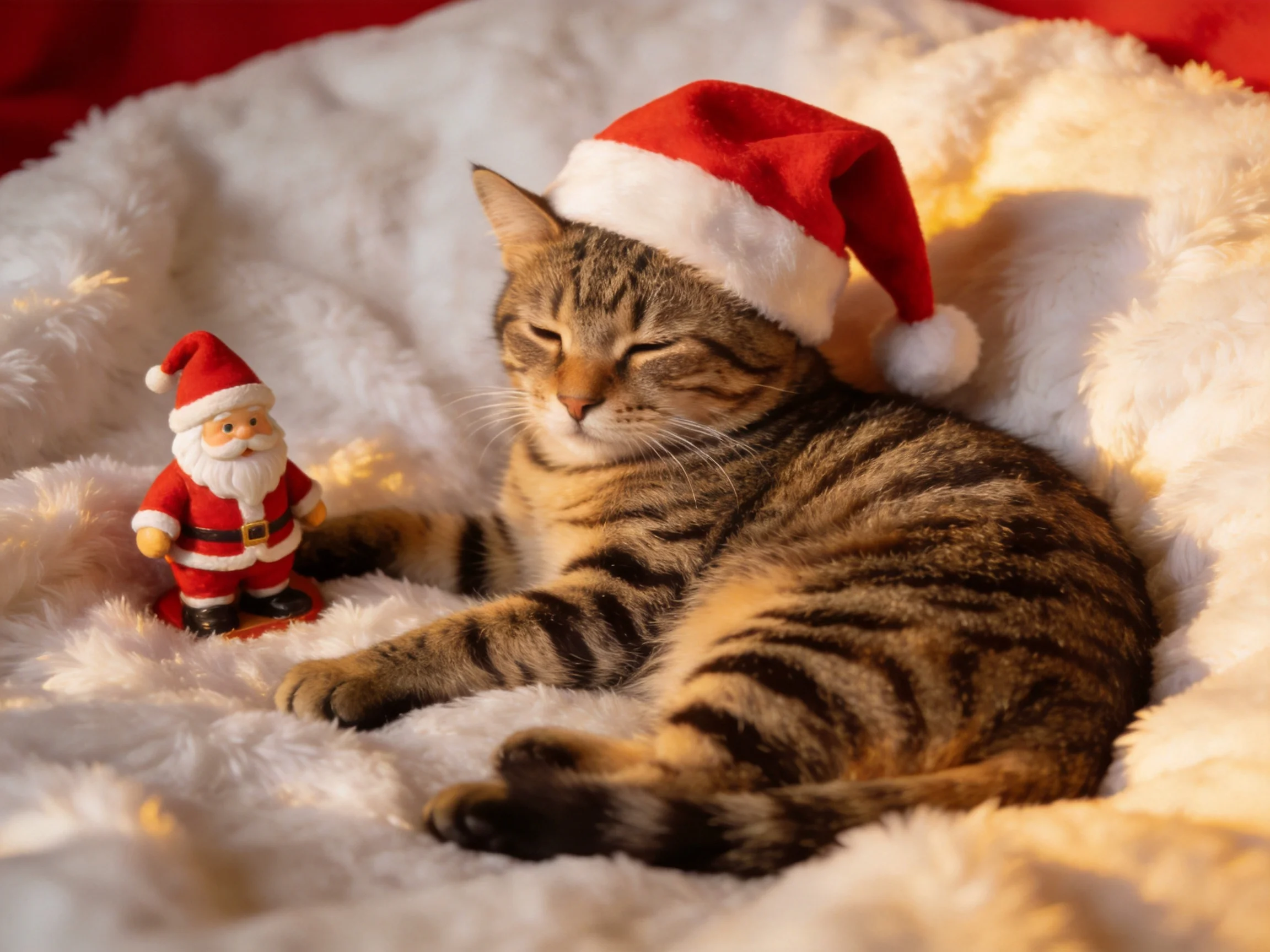 A tabby cat wearing a Santa hat rests beside a small Santa figurine on a plush white blanket