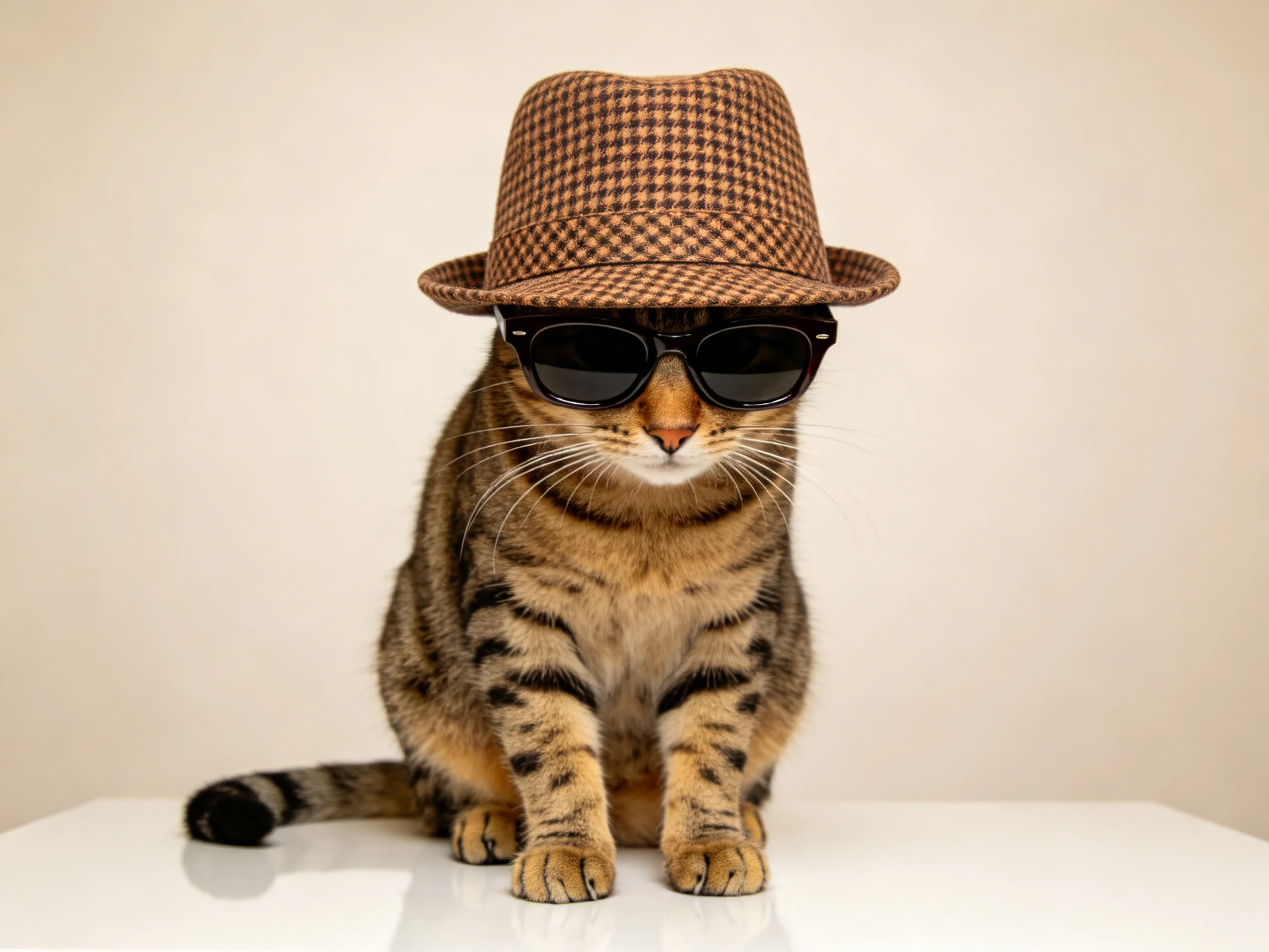 A tabby cat sits wearing a hat and sunglasses