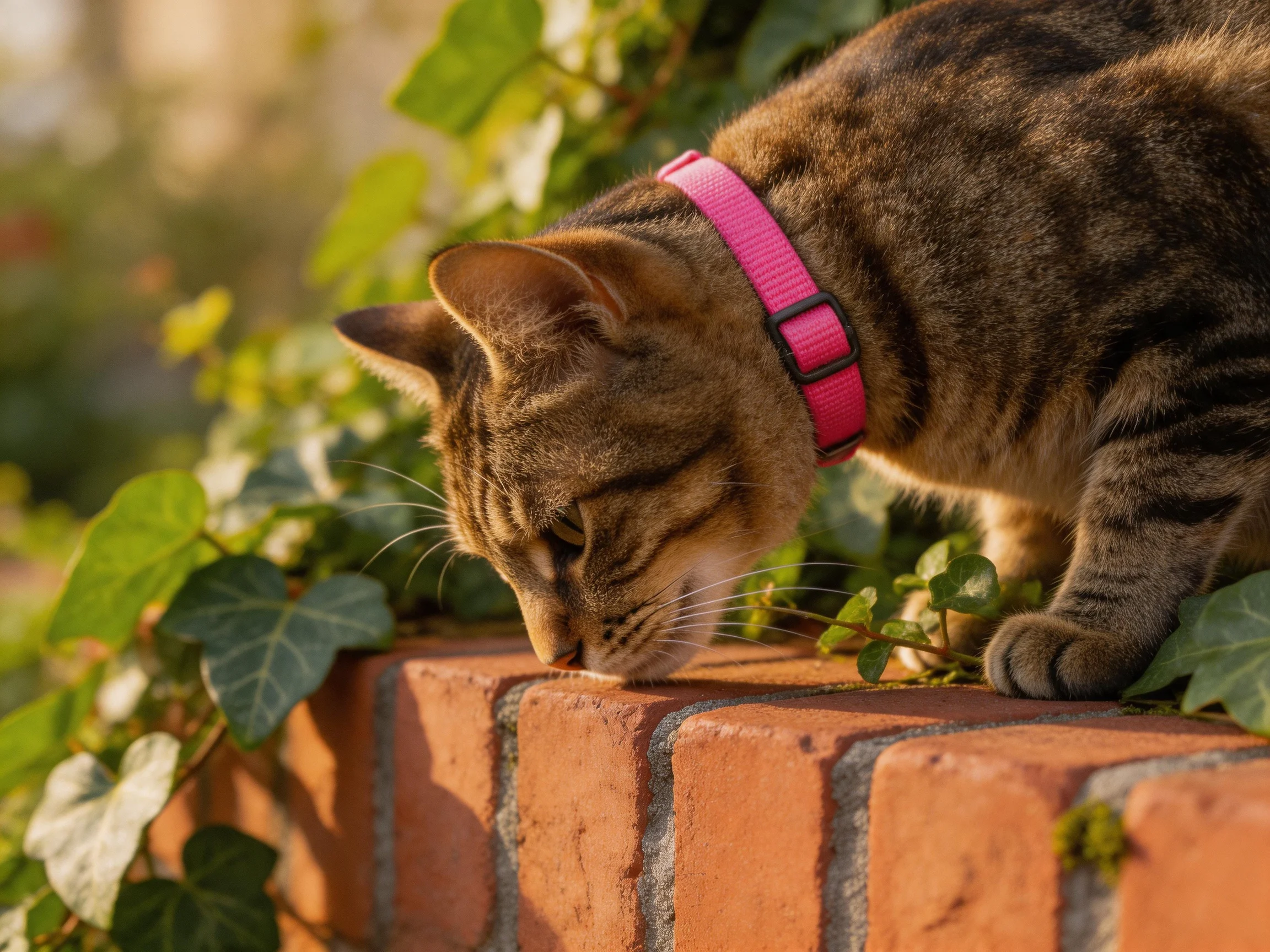 A tabby cat with a pink collar sniffs a brick ledge among green plants.