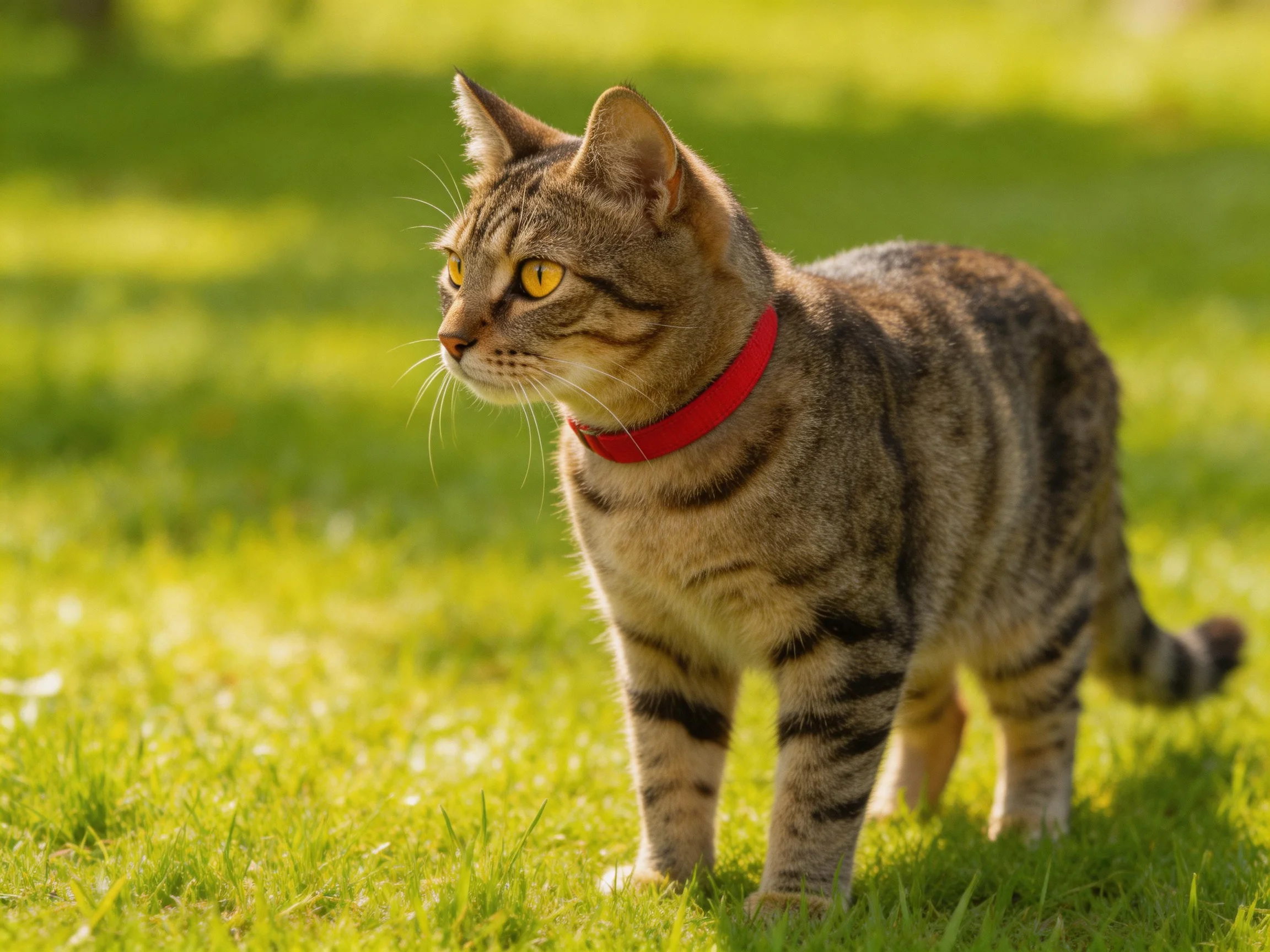 A tabby cat with a bright red collar stands on lush green grass