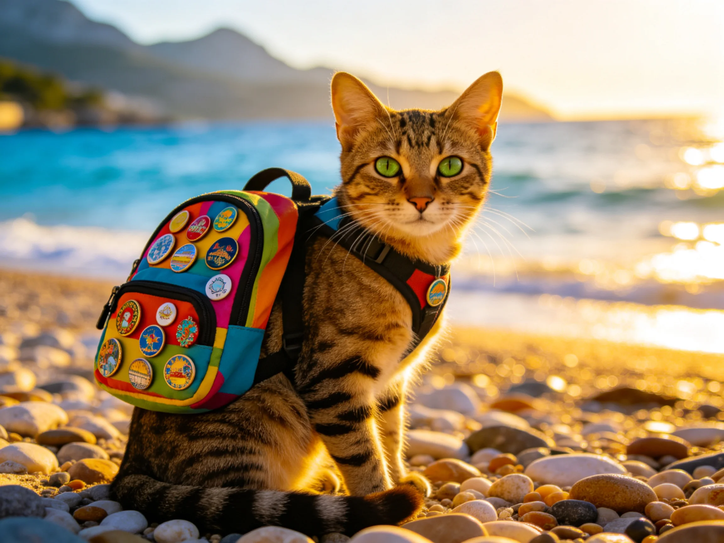 A tabby cat wearing a backpack sits on a pebbly beach by the water.