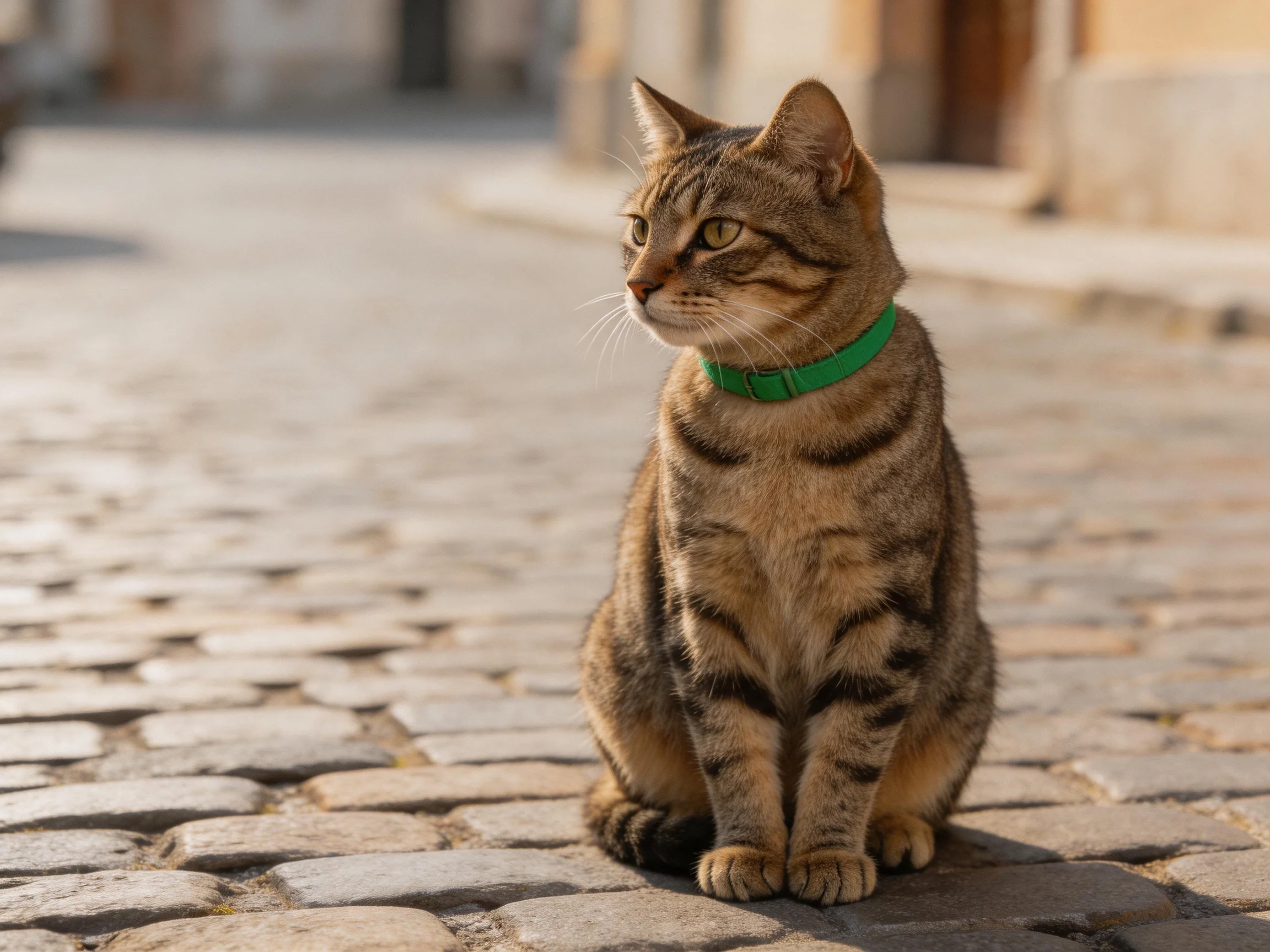 A tabby cat wearing a green collar sits on a cobblestone street.
