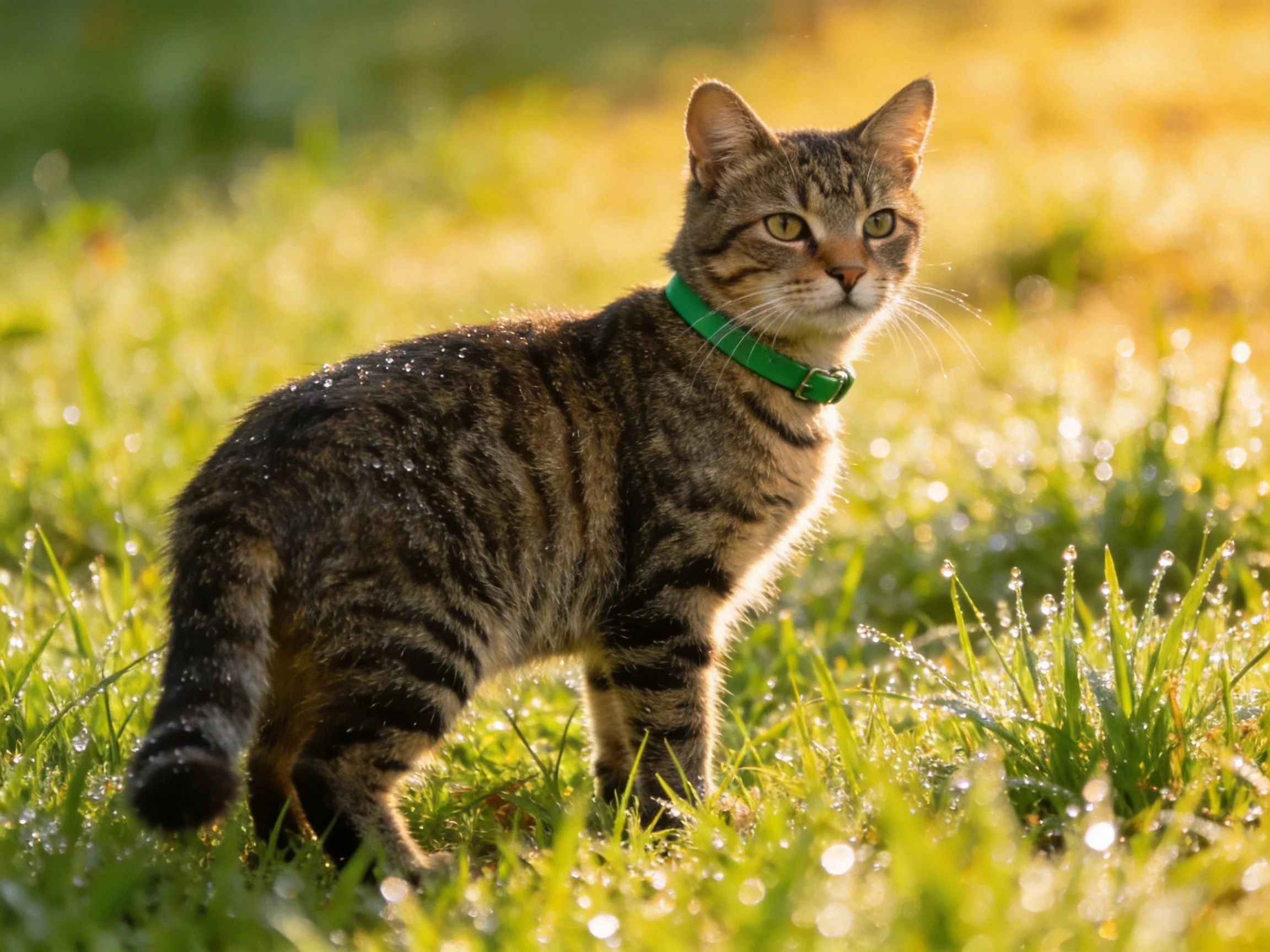 A tabby cat with a green collar explores dewy grass