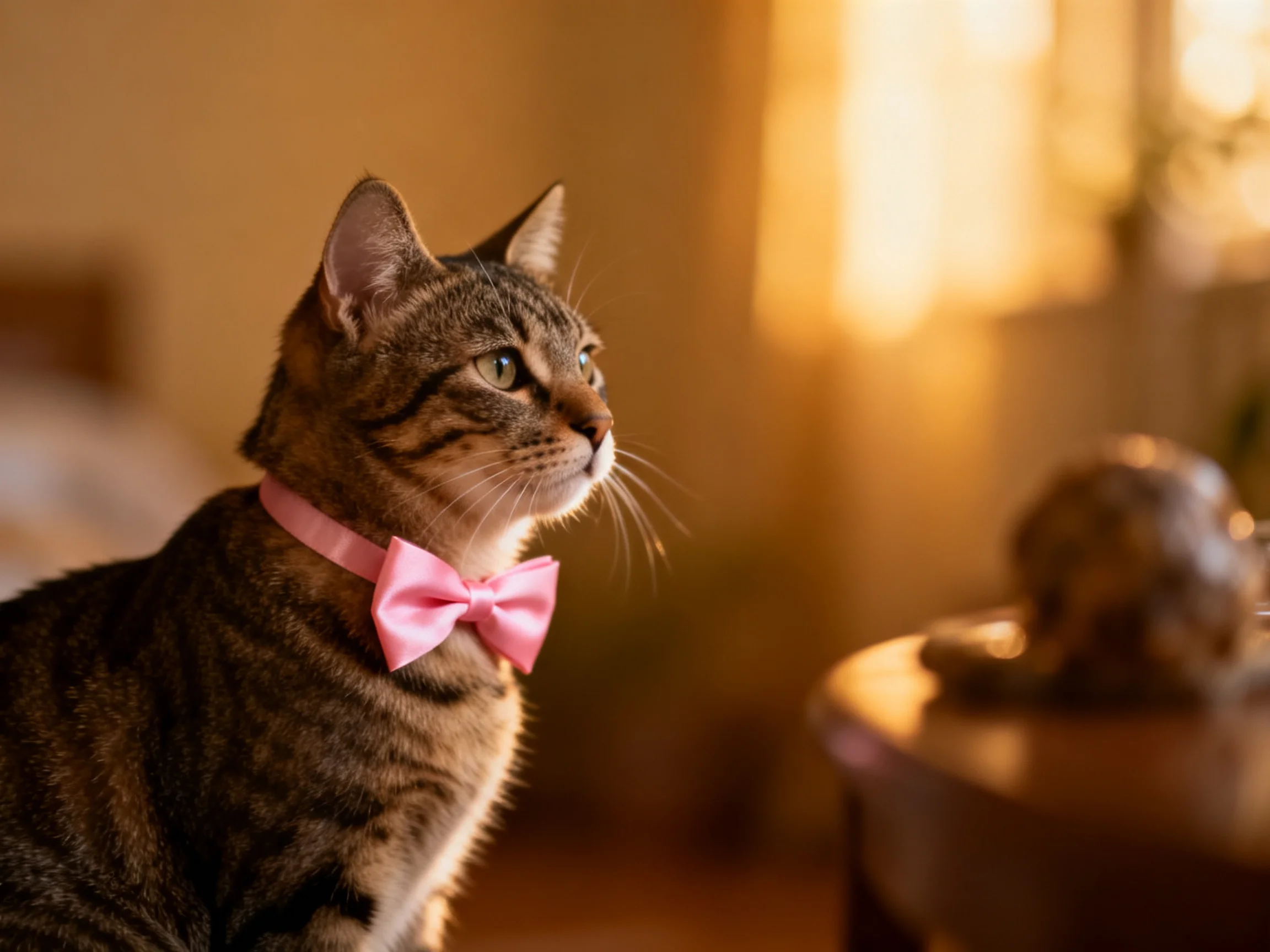 A tabby cat with a pink bow tie sits in a warmly lit room