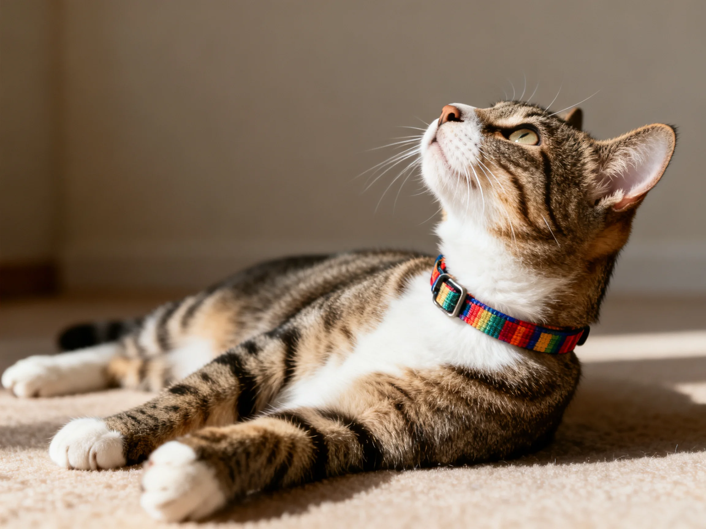 A tabby cat with a rainbow collar relaxes on a beige carpet