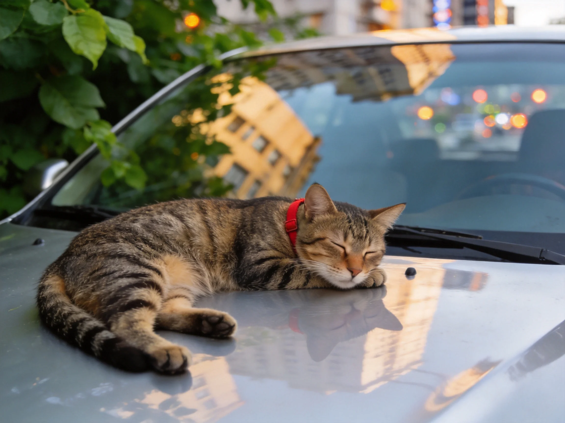 A tabby cat with a red collar relaxes on a car hood in an urban setting.
