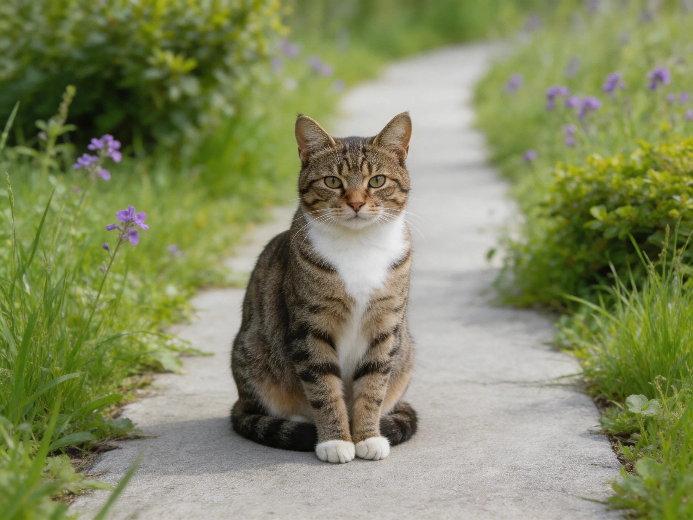 A tabby cat with a white chest sits on a stone path amid greenery and purple flowers