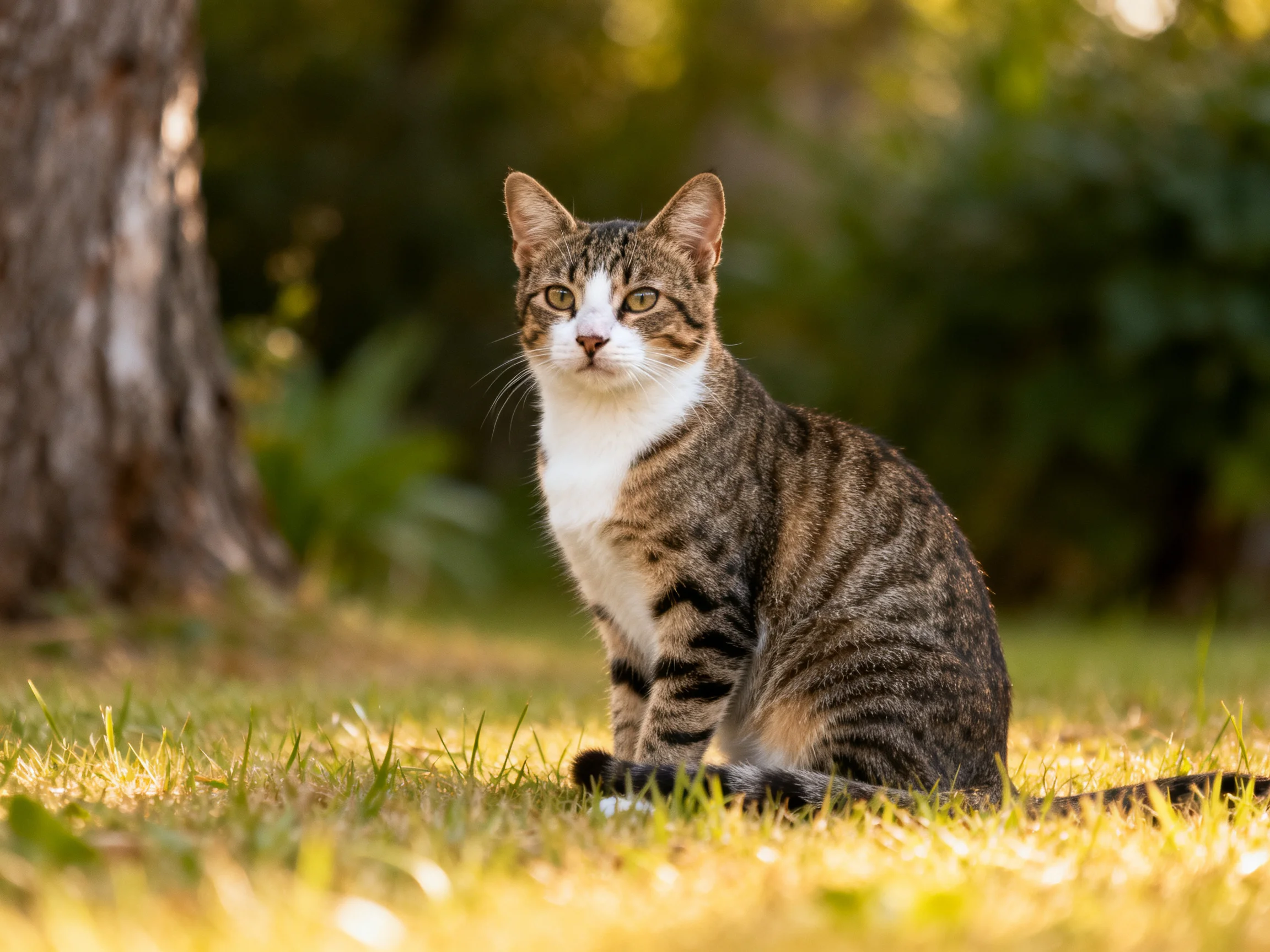 A tabby cat with a white chest sits on golden grass near a tree