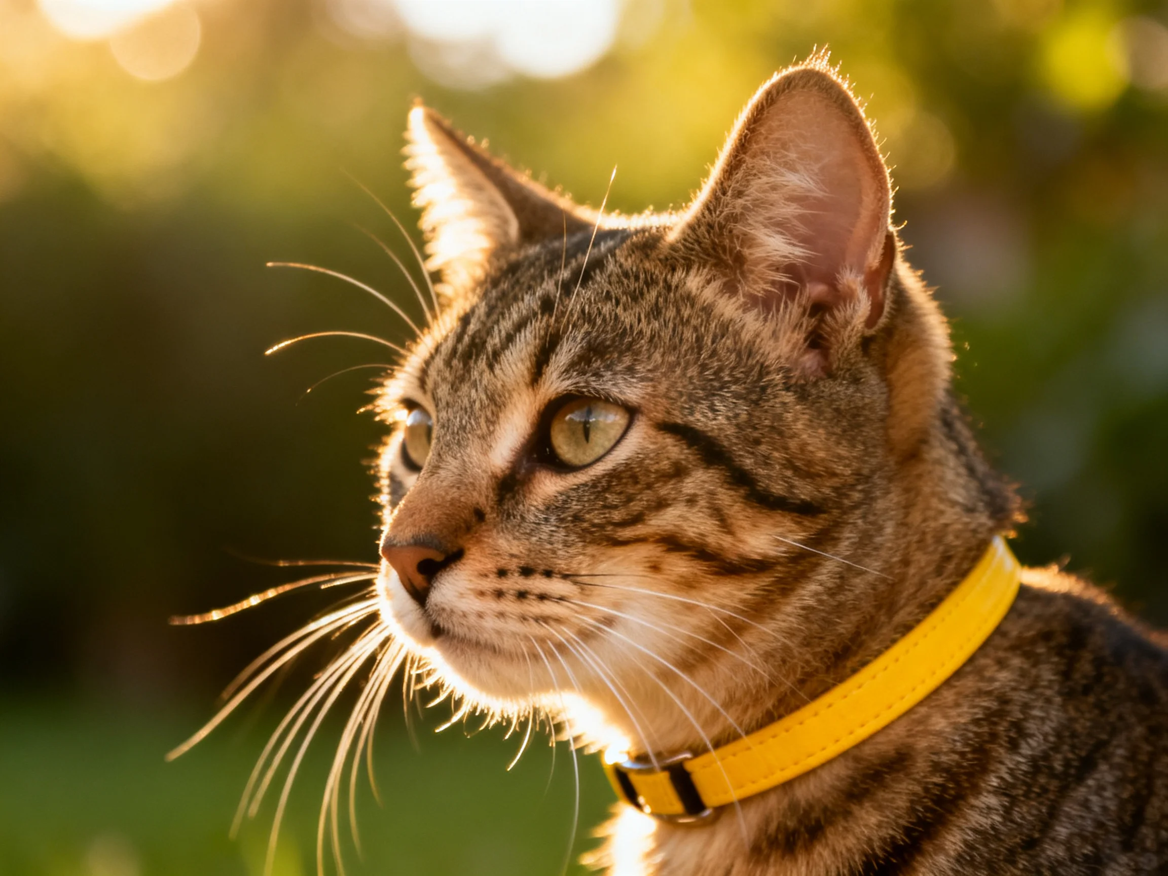 A tabby cat wearing a yellow collar looks attentively in a sunlit outdoor area.