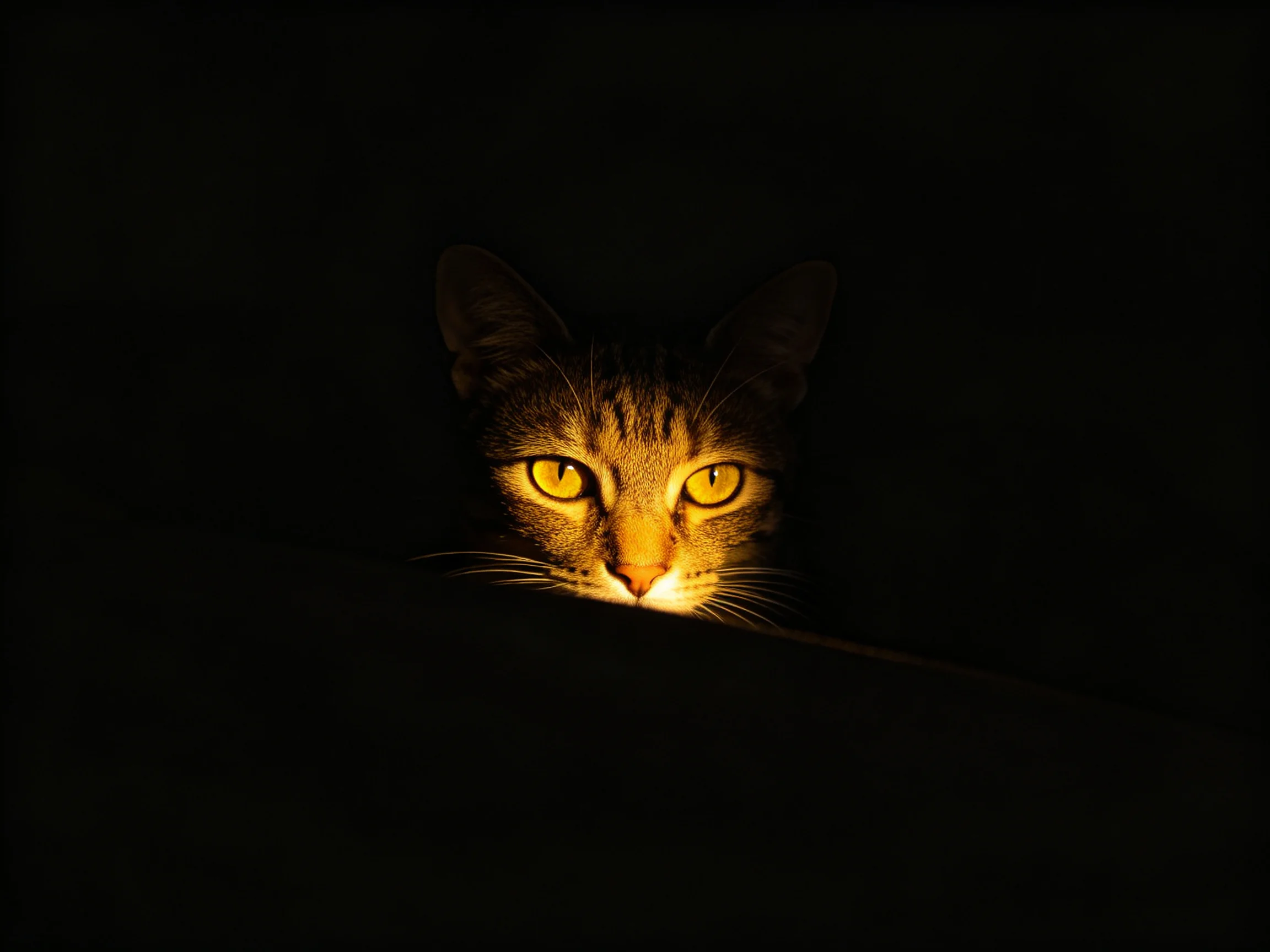 A tabby cat with amber eyes hides in near-total darkness