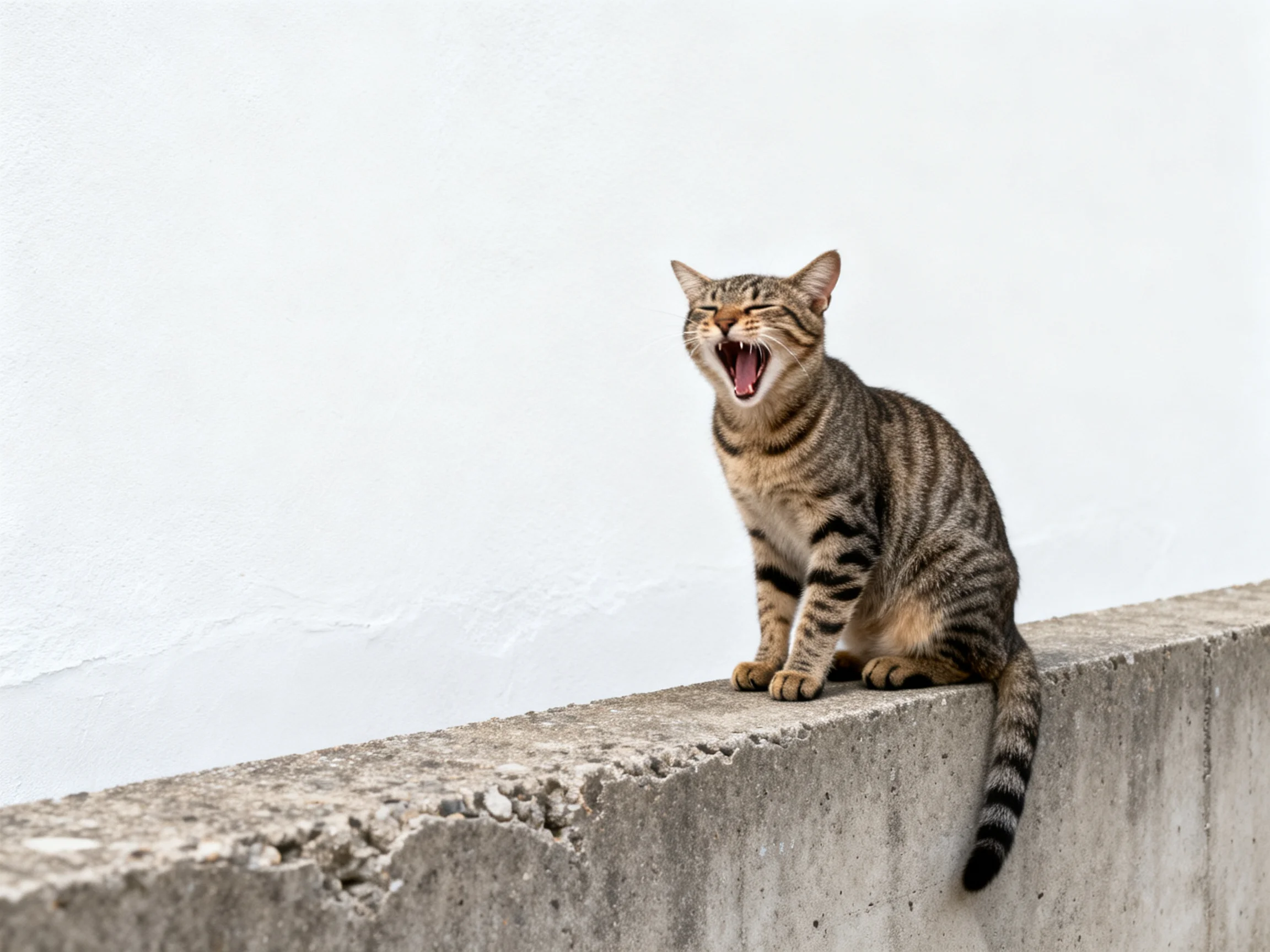 A tabby cat with black stripes yawning on a concrete ledge