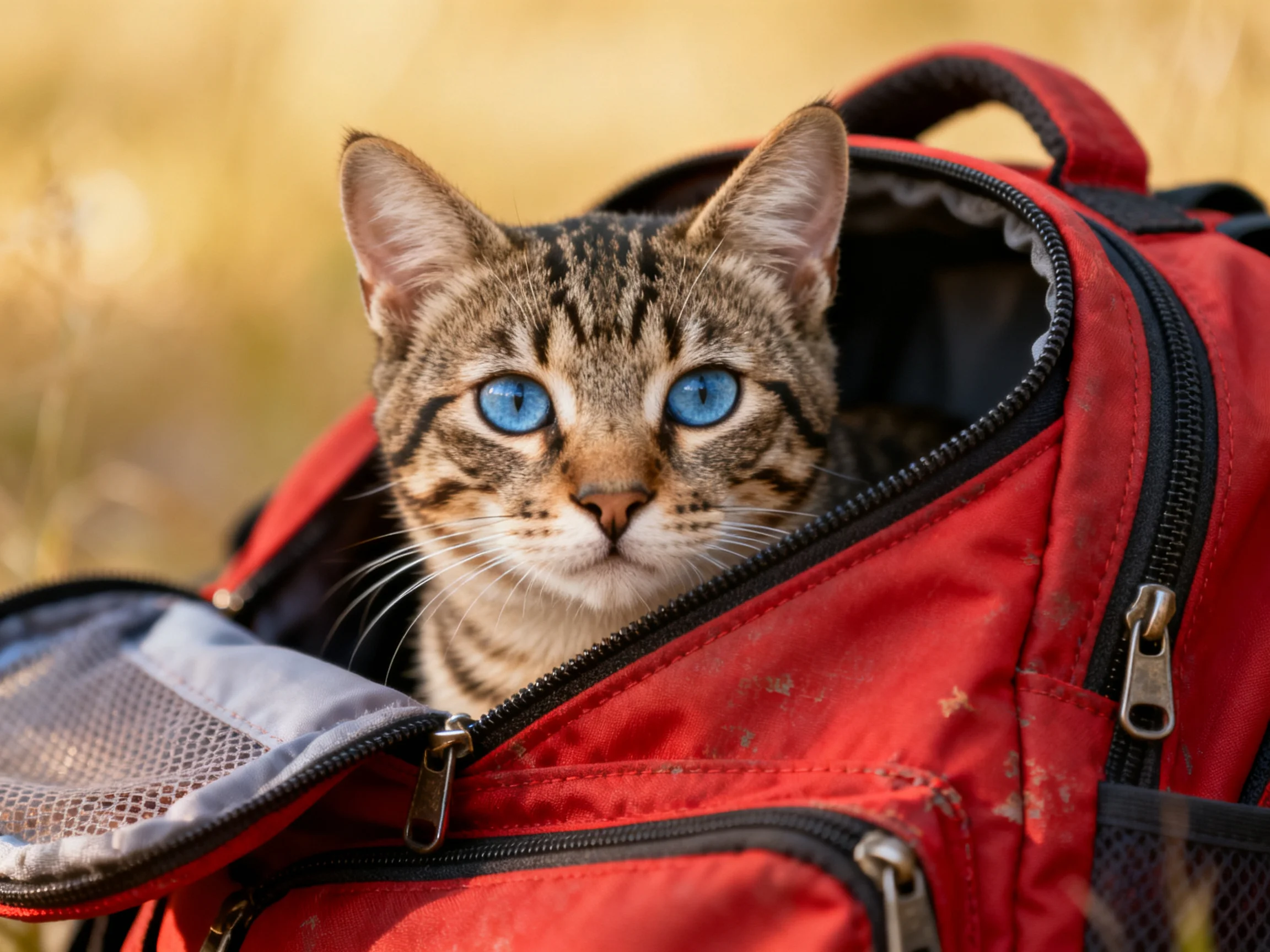 Tabby cat with blue eyes sits inside red backpack outside