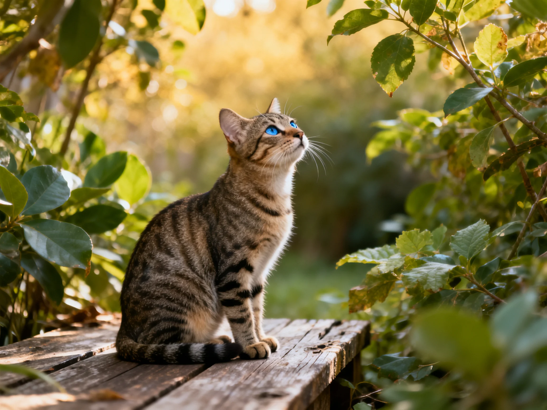 A tabby cat with blue eyes sits on a wooden surface surrounded by dense green plants.